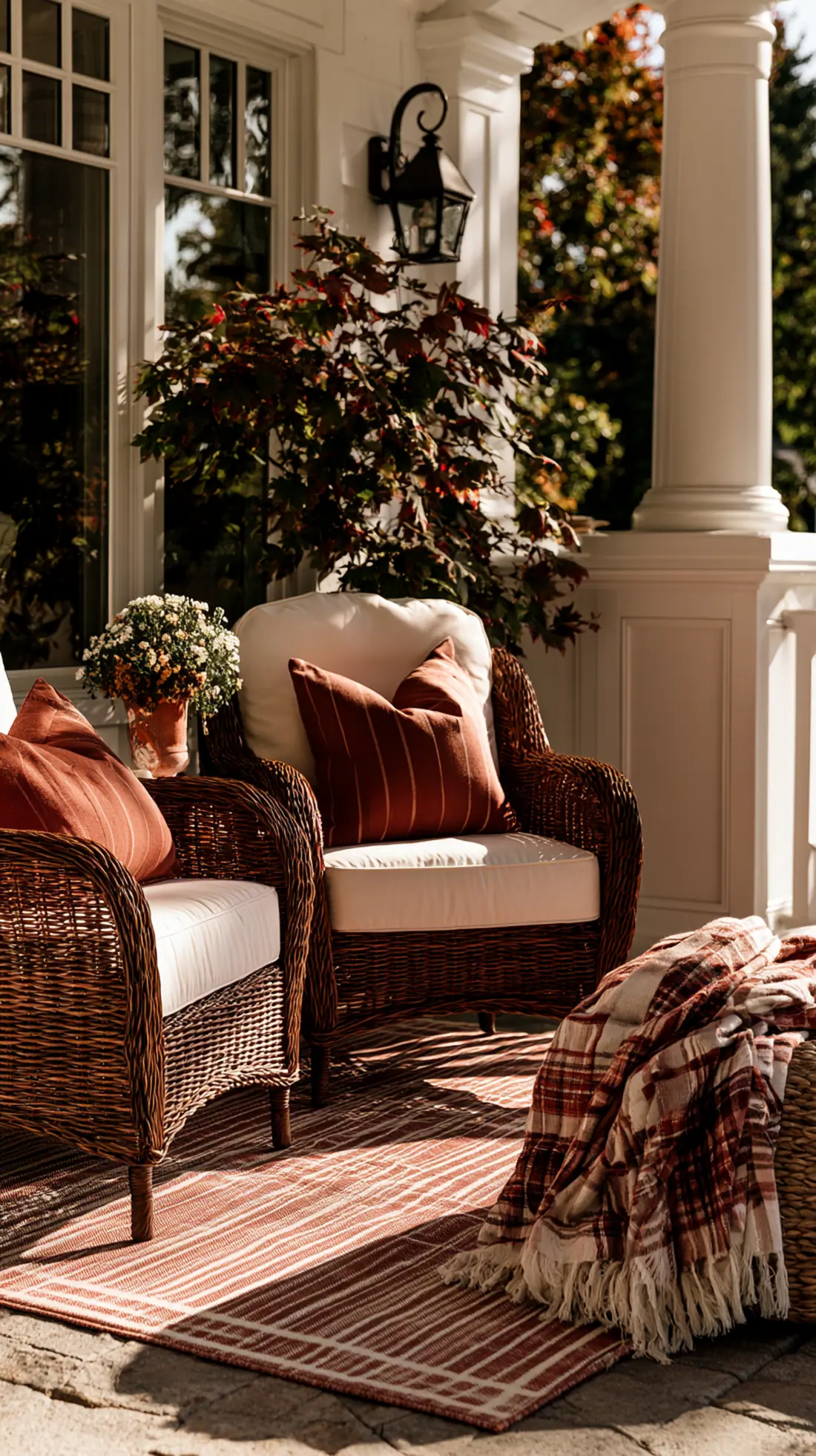 A rust and cream outdoor rug anchoring a fall porch seating area, photo 1 of 4