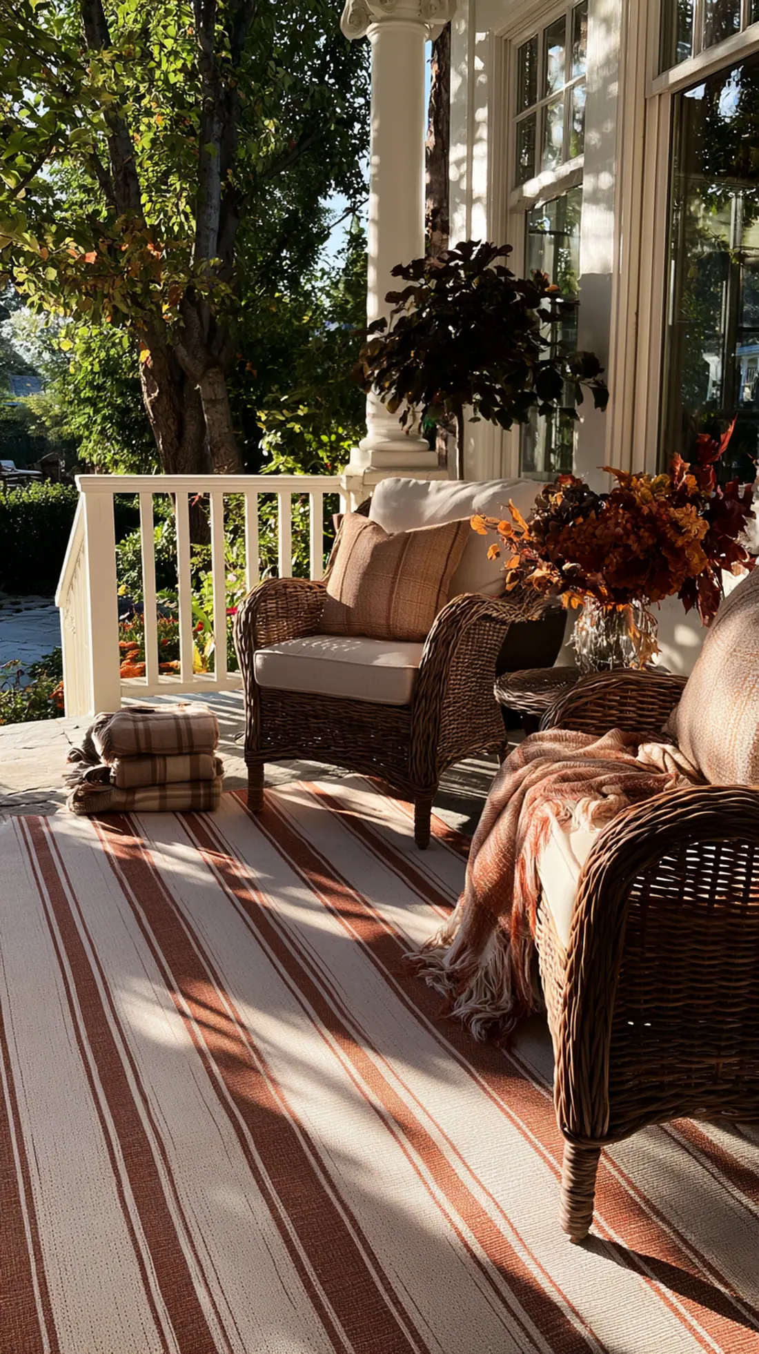 A rust and cream outdoor rug anchoring a fall porch seating area, photo 2 of 4