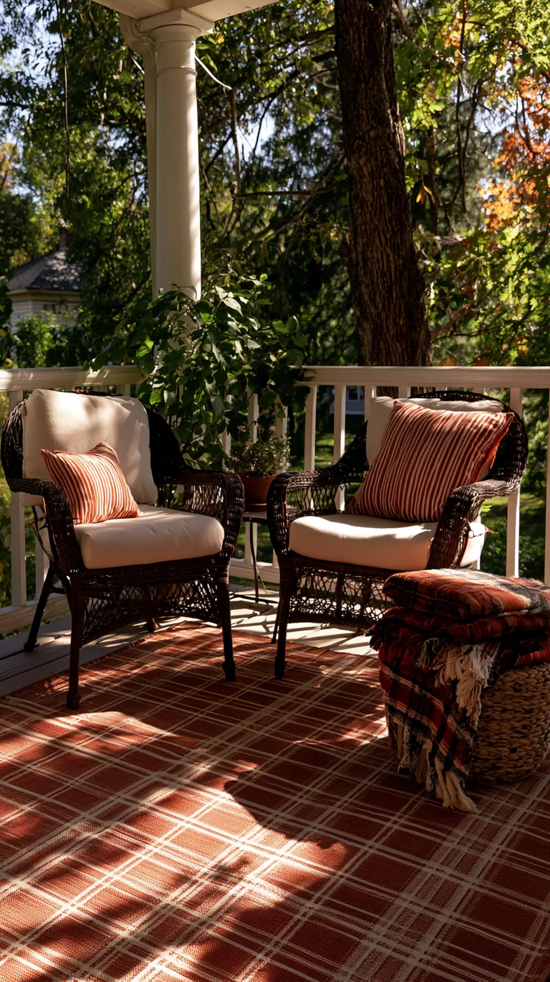 A rust and cream outdoor rug anchoring a fall porch seating area, photo 3 of 4