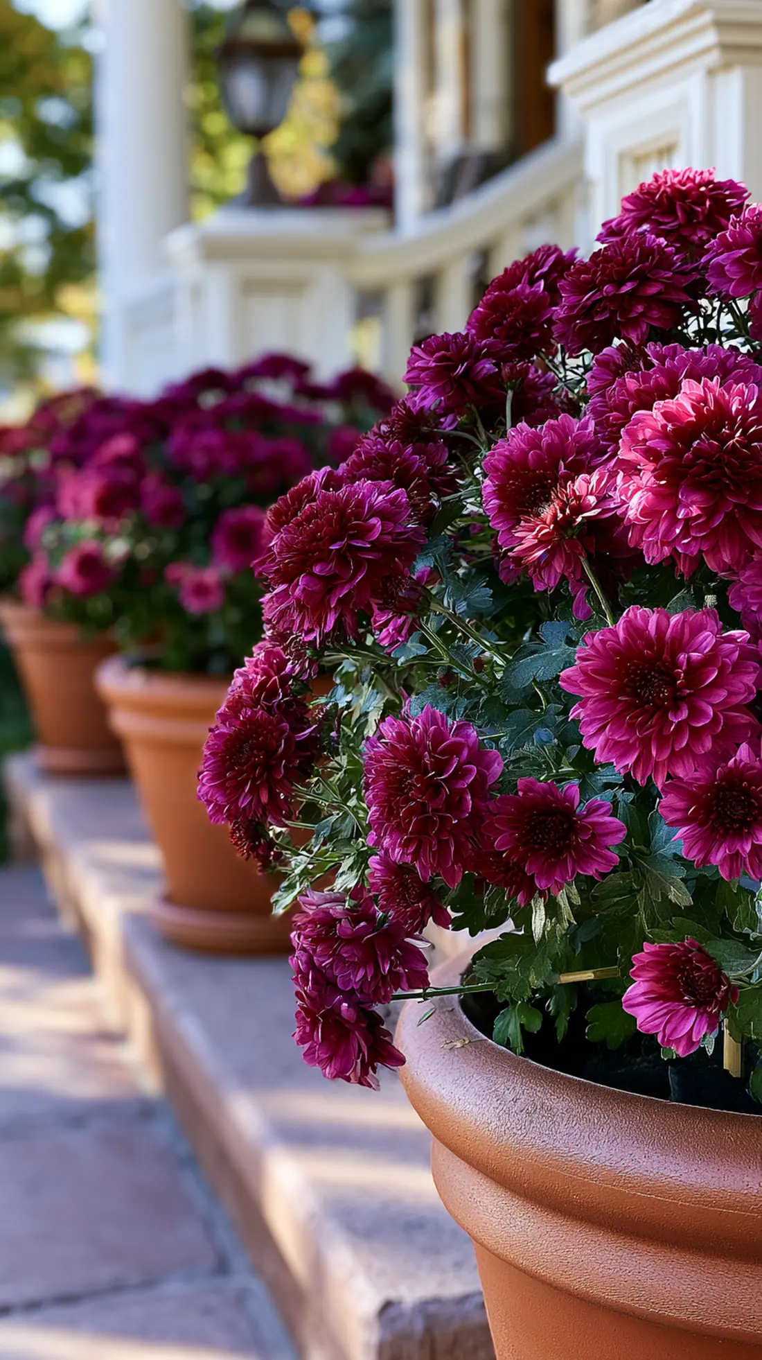 A terracotta pot of mums with a hidden stake keeping it upright in wind, photo 4 of 4
