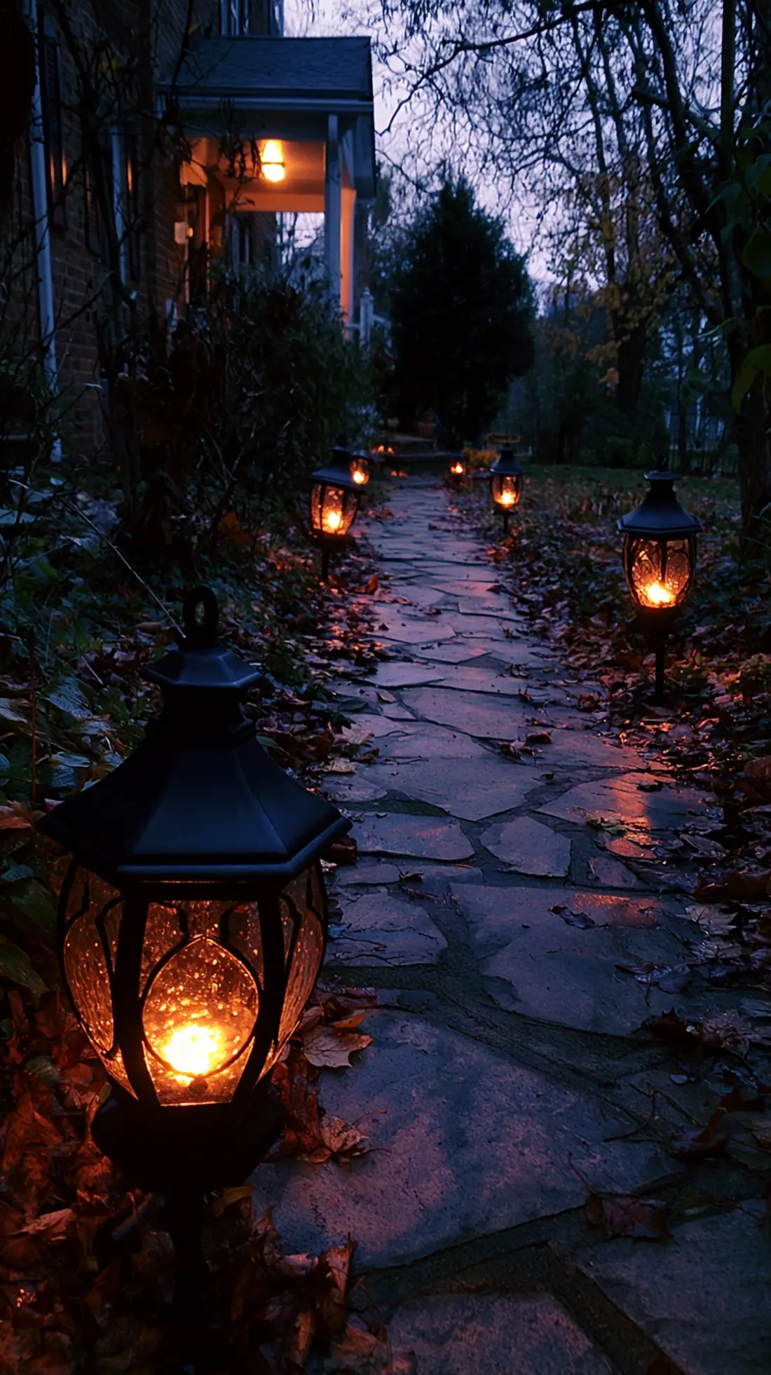Solar stake lanterns lining a front walkway at dusk in fall, photo 1 of 4