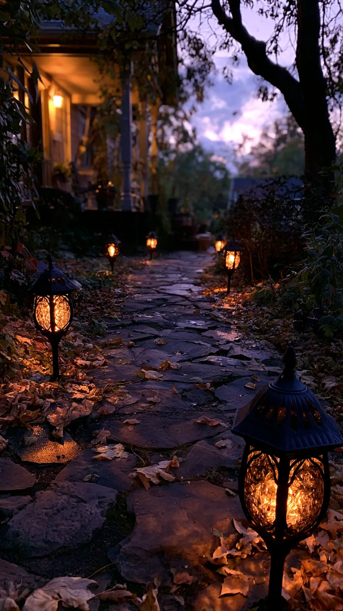 Solar stake lanterns lining a front walkway at dusk in fall, photo 2 of 4