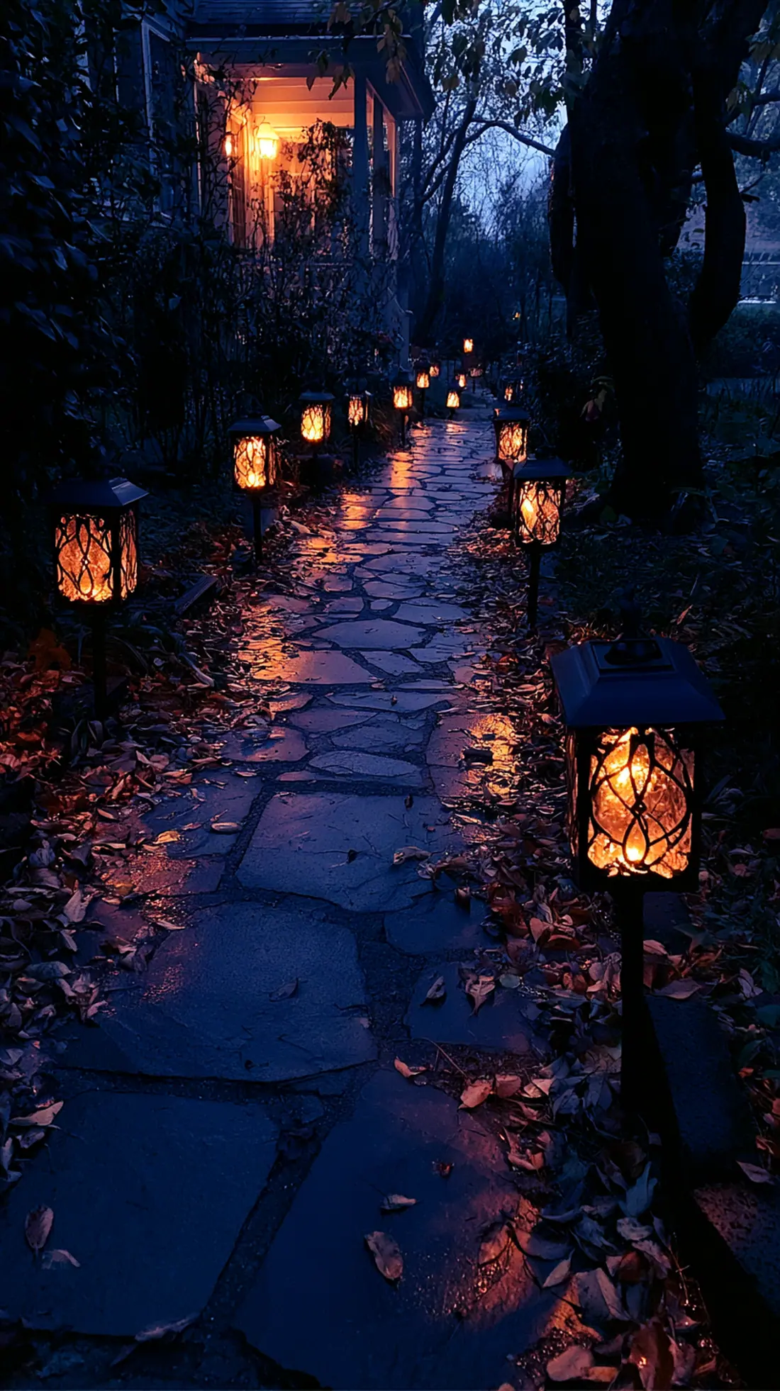 Solar stake lanterns lining a front walkway at dusk in fall, photo 3 of 4