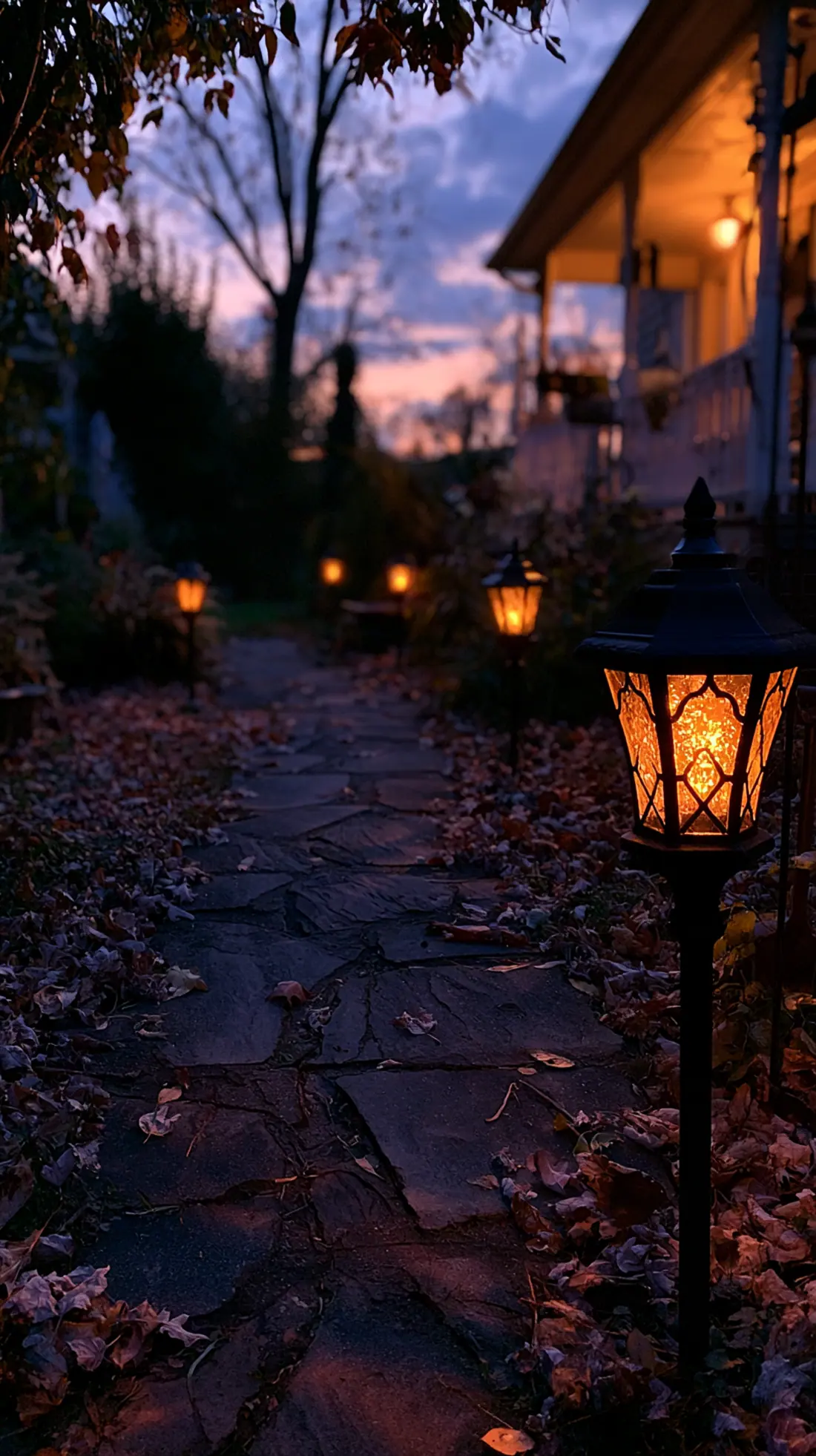 Solar stake lanterns lining a front walkway at dusk in fall, photo 4 of 4