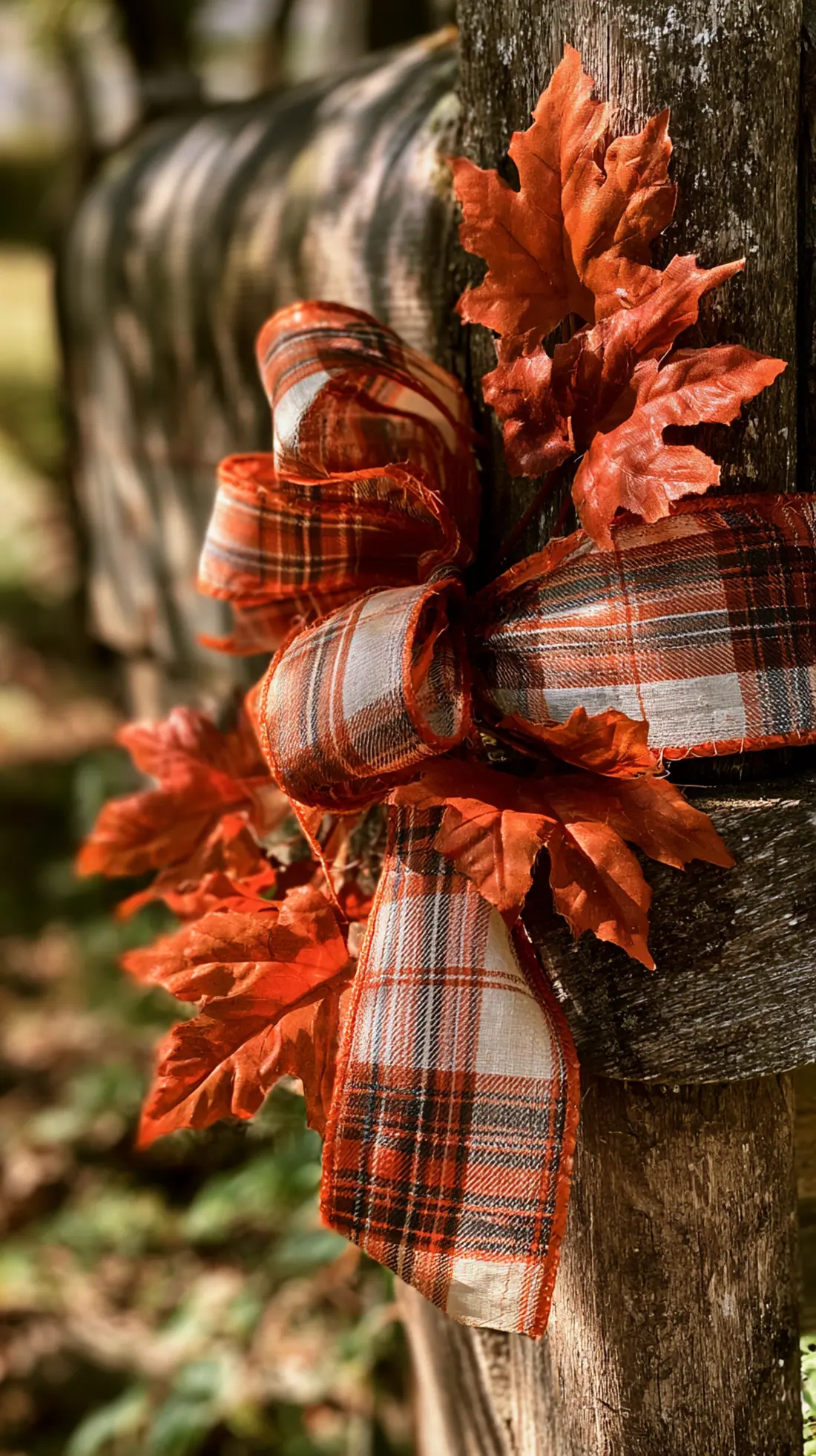 A wired ribbon swag with faux leaves wrapped around a mailbox post, photo 1 of 4