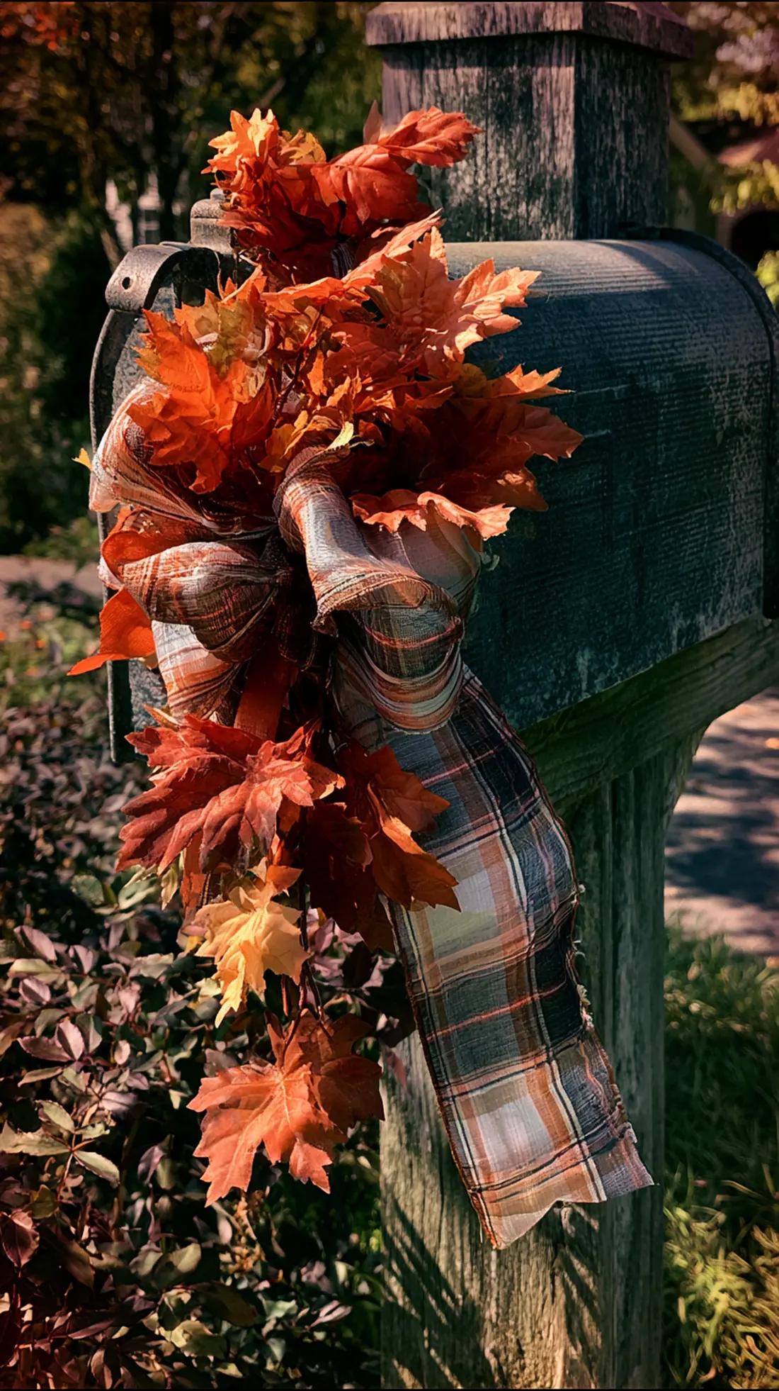 A wired ribbon swag with faux leaves wrapped around a mailbox post, photo 2 of 4