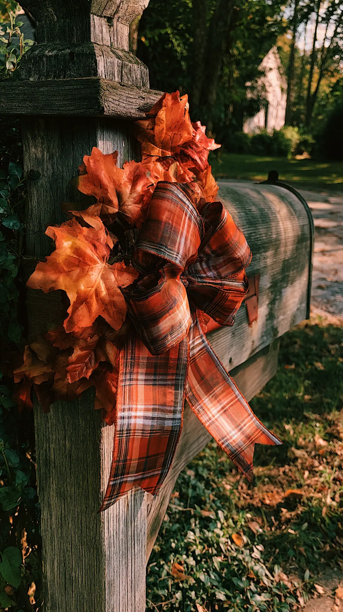 A wired ribbon swag with faux leaves wrapped around a mailbox post, photo 4 of 4