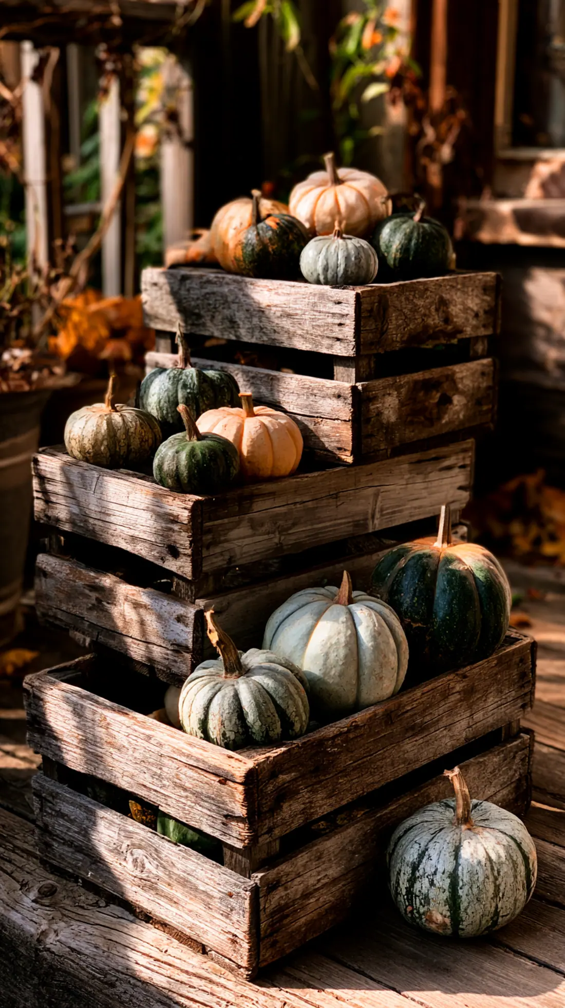 Weathered wood crates stacked into a tiered stand holding pumpkins, photo 1 of 4