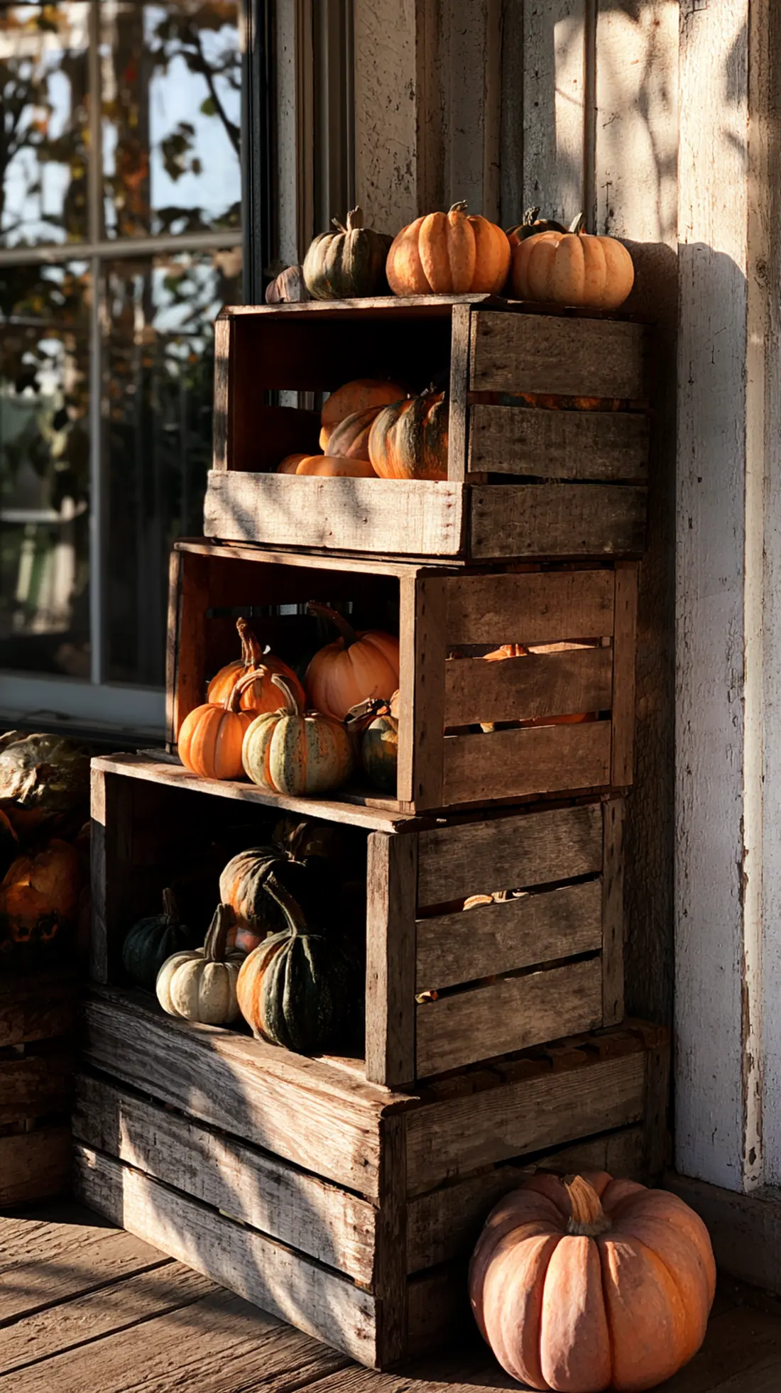 Weathered wood crates stacked into a tiered stand holding pumpkins, photo 2 of 4