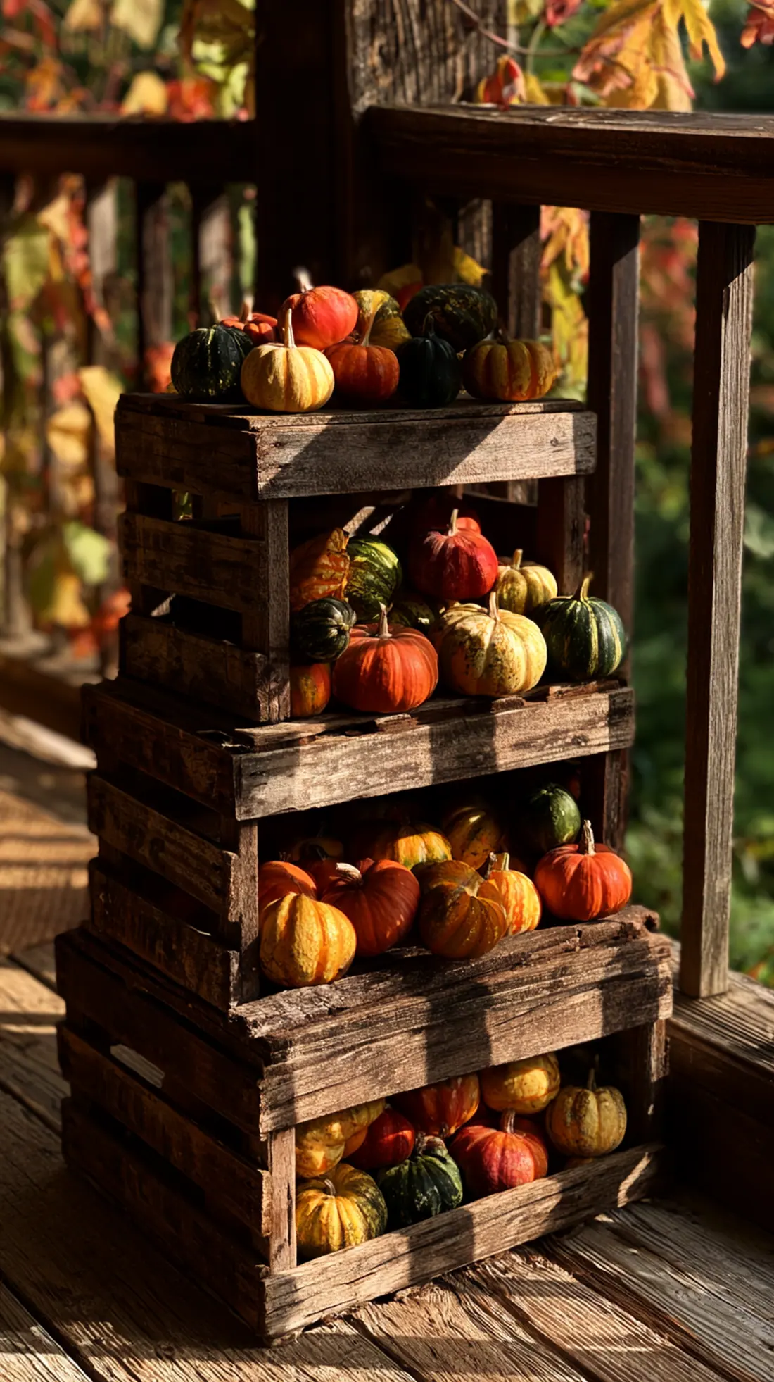 Weathered wood crates stacked into a tiered stand holding pumpkins, photo 3 of 4