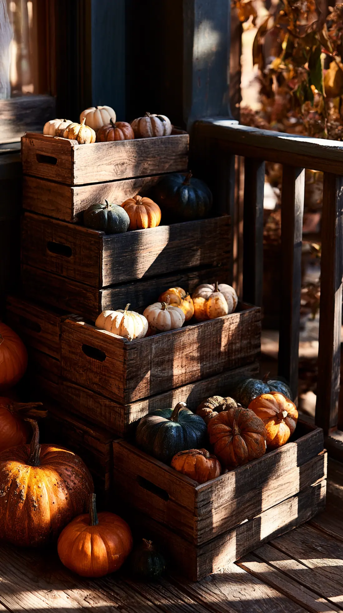 Weathered wood crates stacked into a tiered stand holding pumpkins, photo 4 of 4