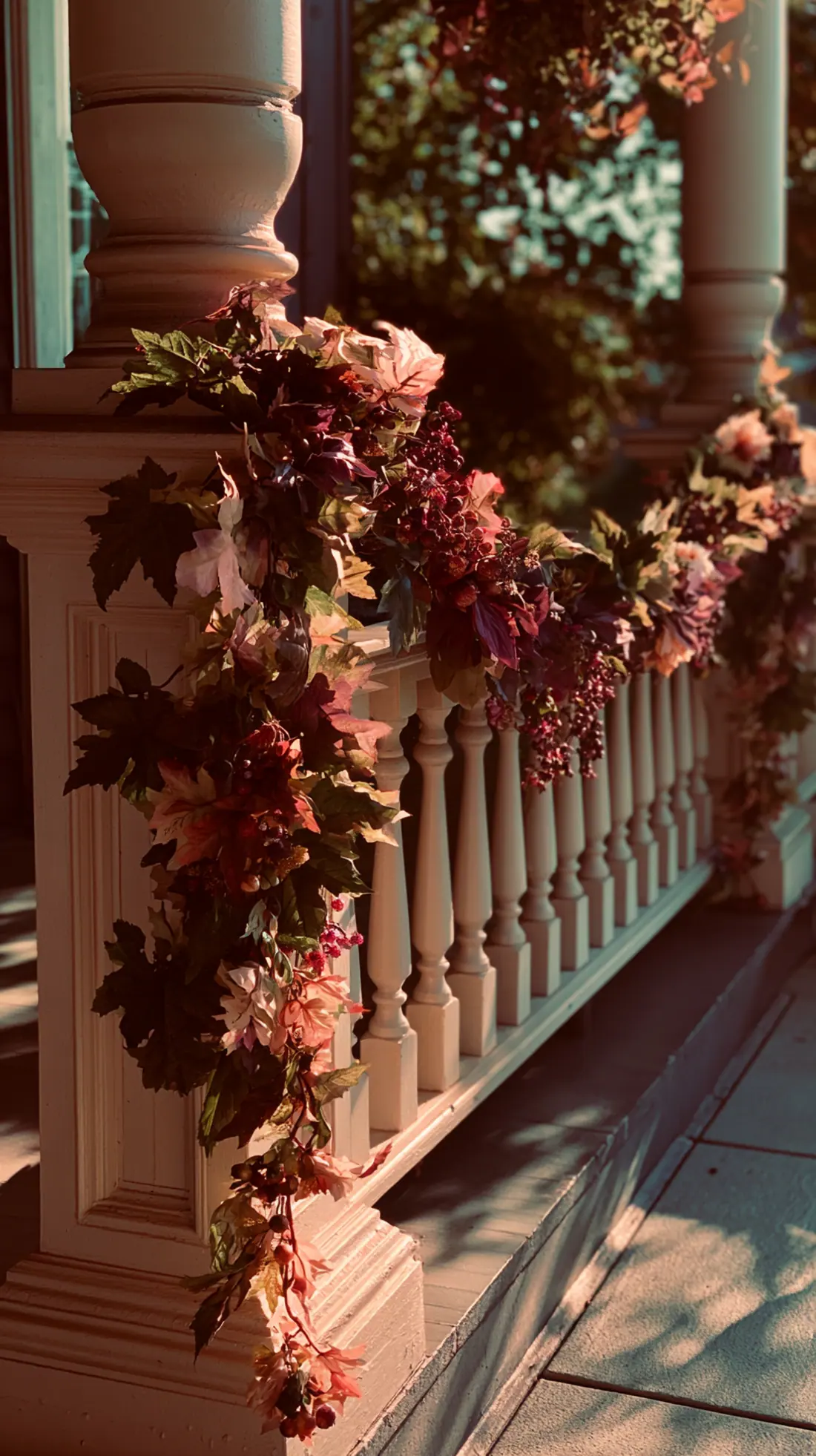 A weighted fall garland swagged along a porch railing between posts, photo 2 of 4