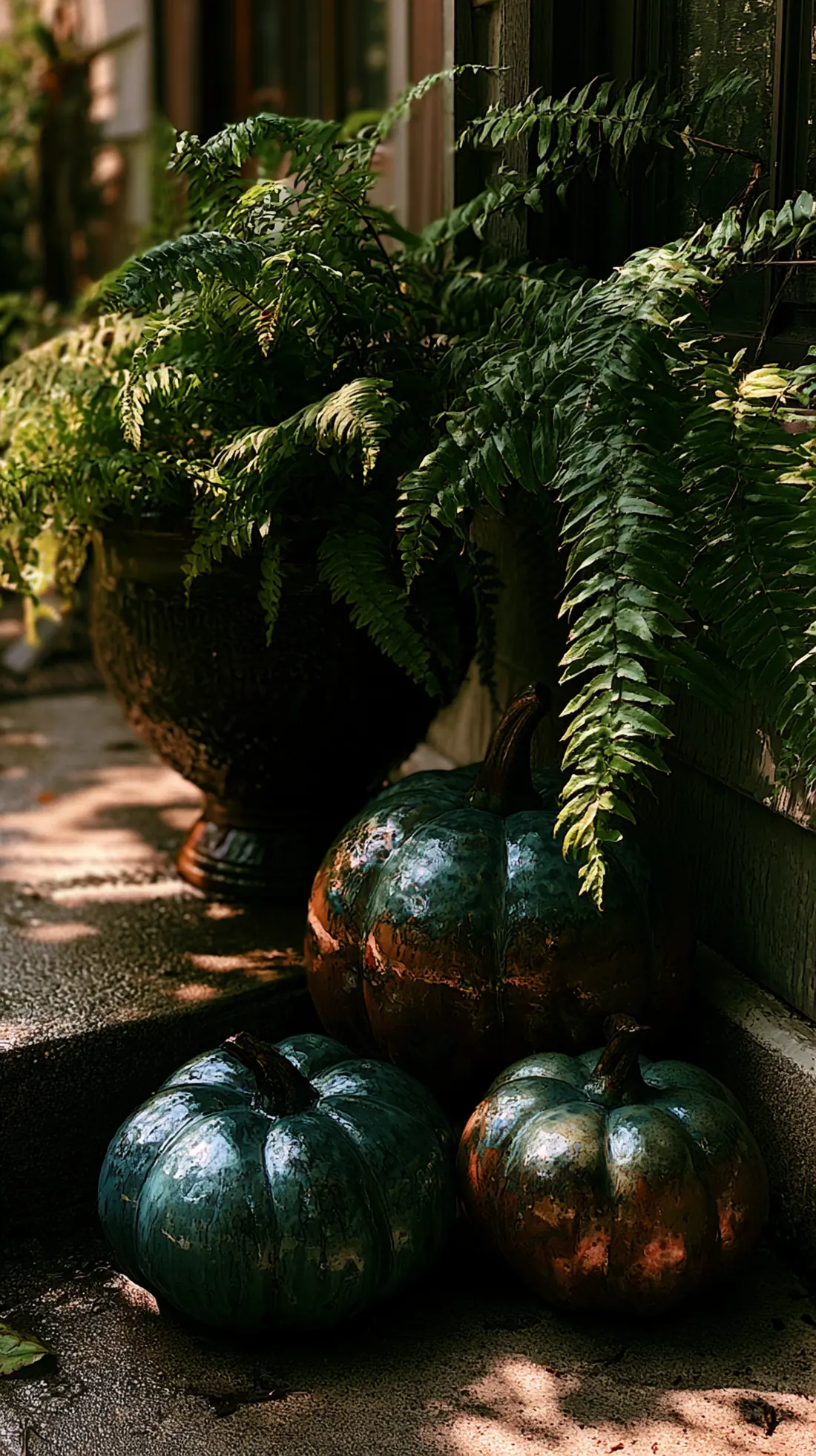 Glazed ceramic pumpkins arranged on a shaded, damp porch corner, photo 1 of 4