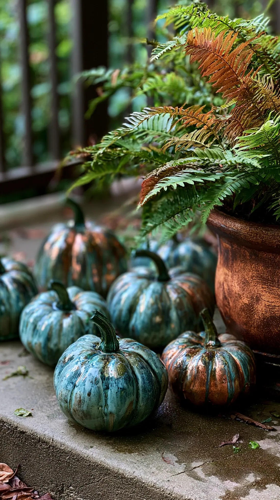Glazed ceramic pumpkins arranged on a shaded, damp porch corner, photo 2 of 4