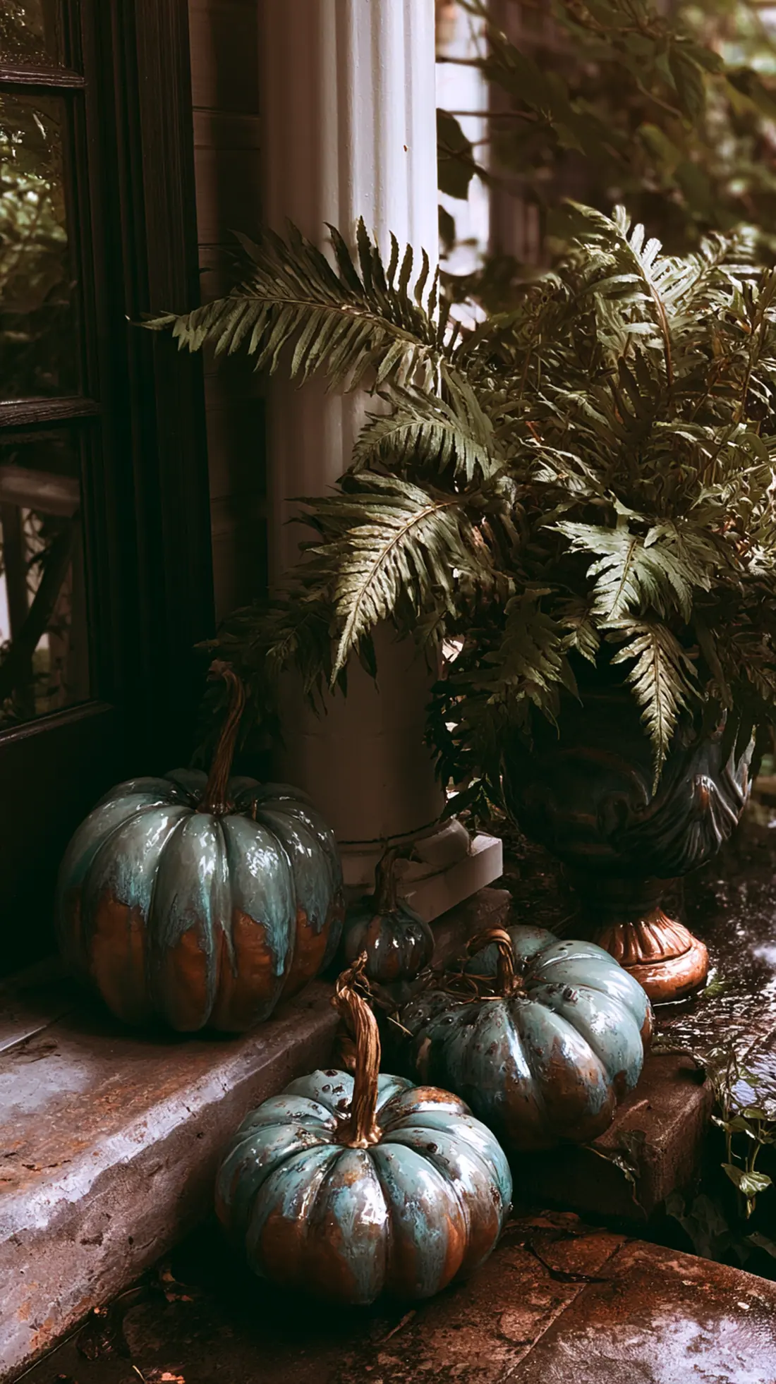 Glazed ceramic pumpkins arranged on a shaded, damp porch corner, photo 3 of 4