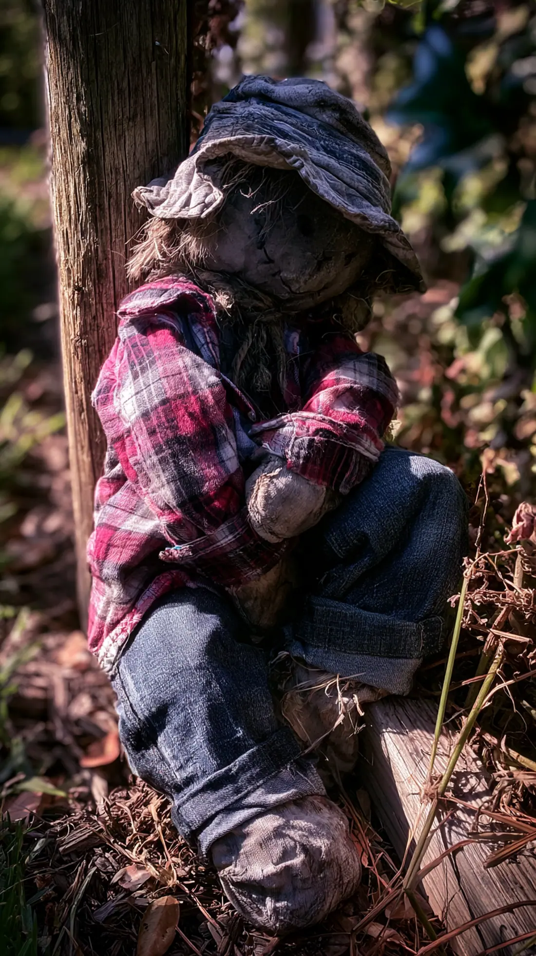 A stuffed scarecrow figure anchored to a buried wooden fence post, photo 1 of 3