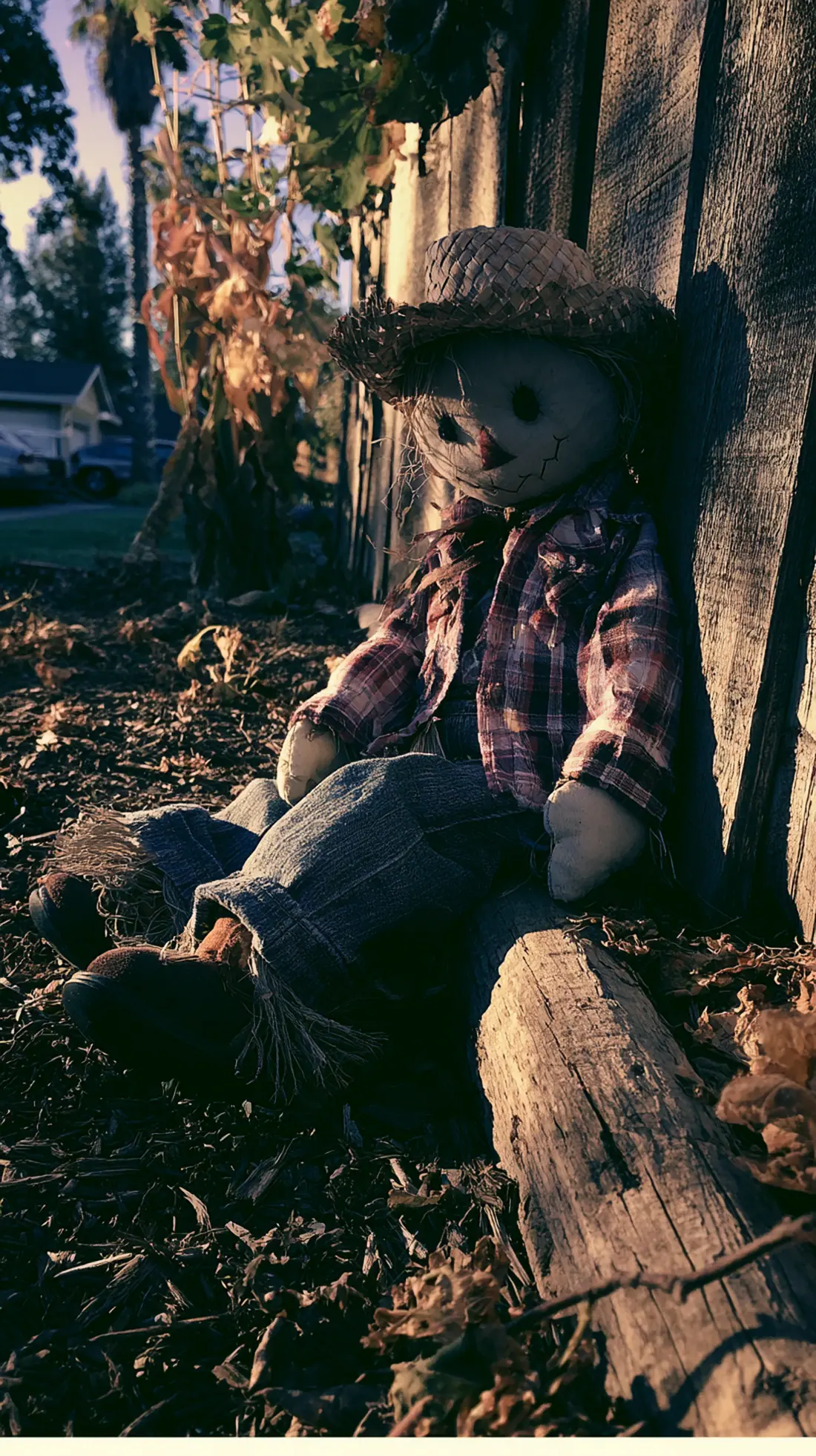 A stuffed scarecrow figure anchored to a buried wooden fence post, photo 2 of 3