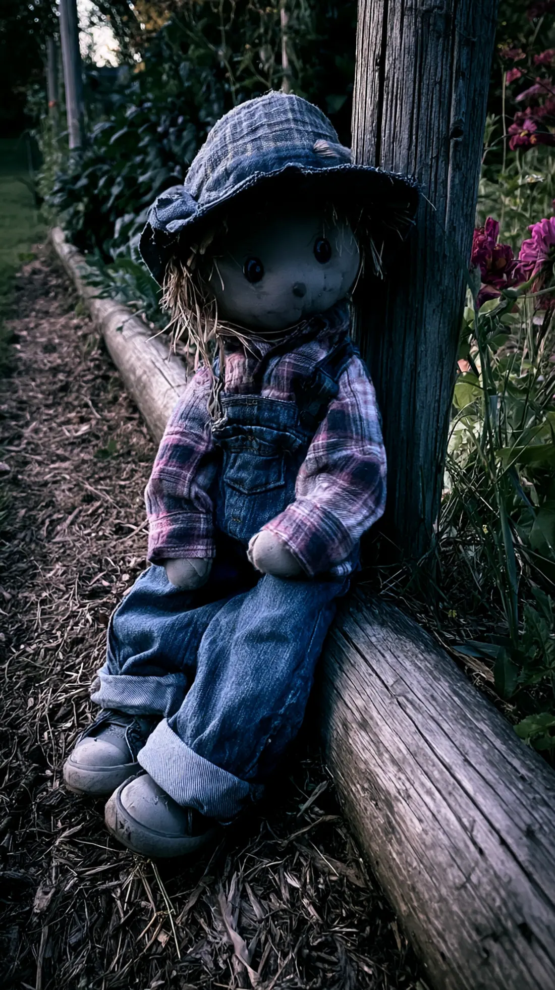 A stuffed scarecrow figure anchored to a buried wooden fence post, photo 3 of 3
