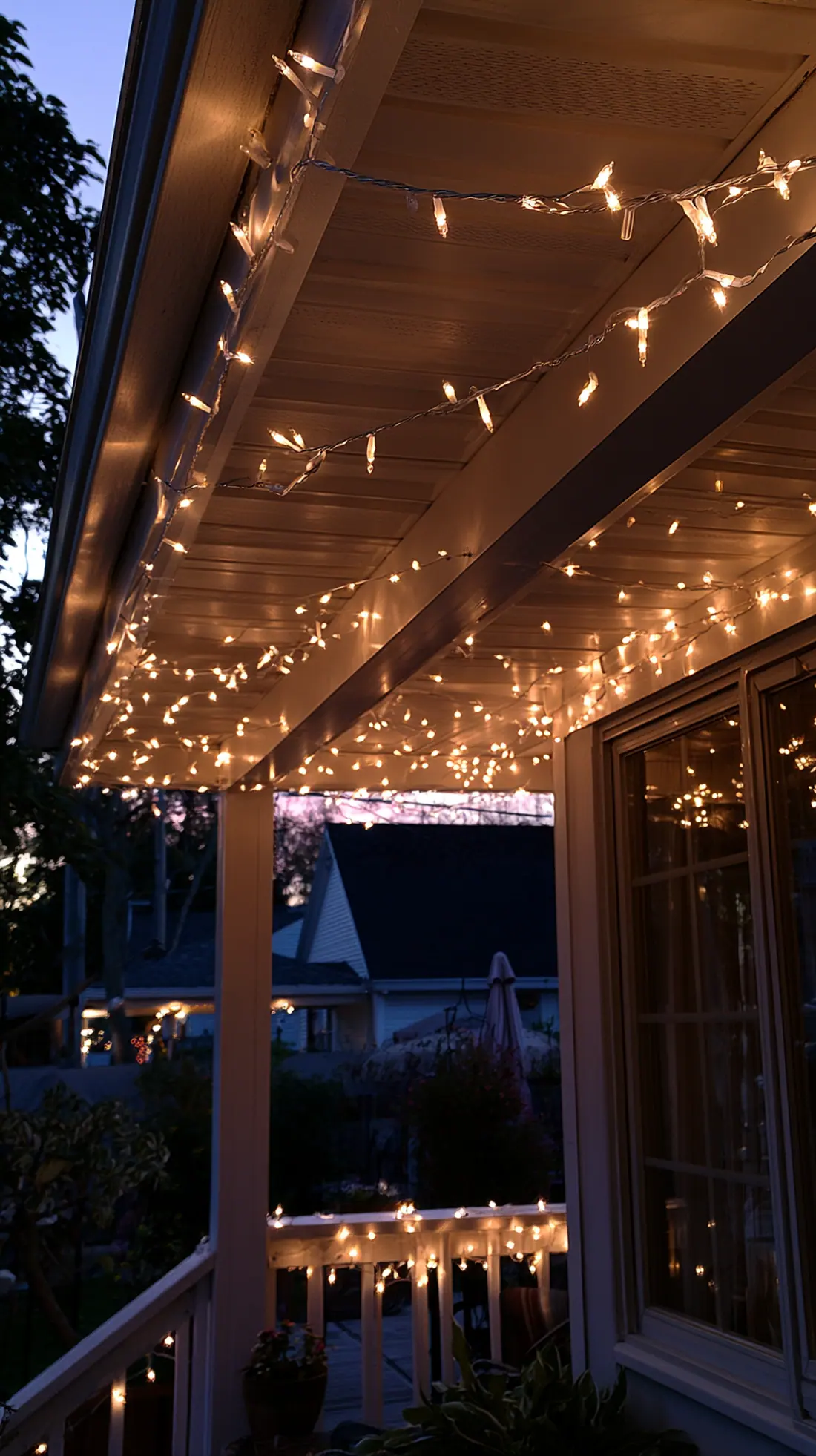 Warm white string lights hung along galvanized wire across a porch, photo 1 of 4