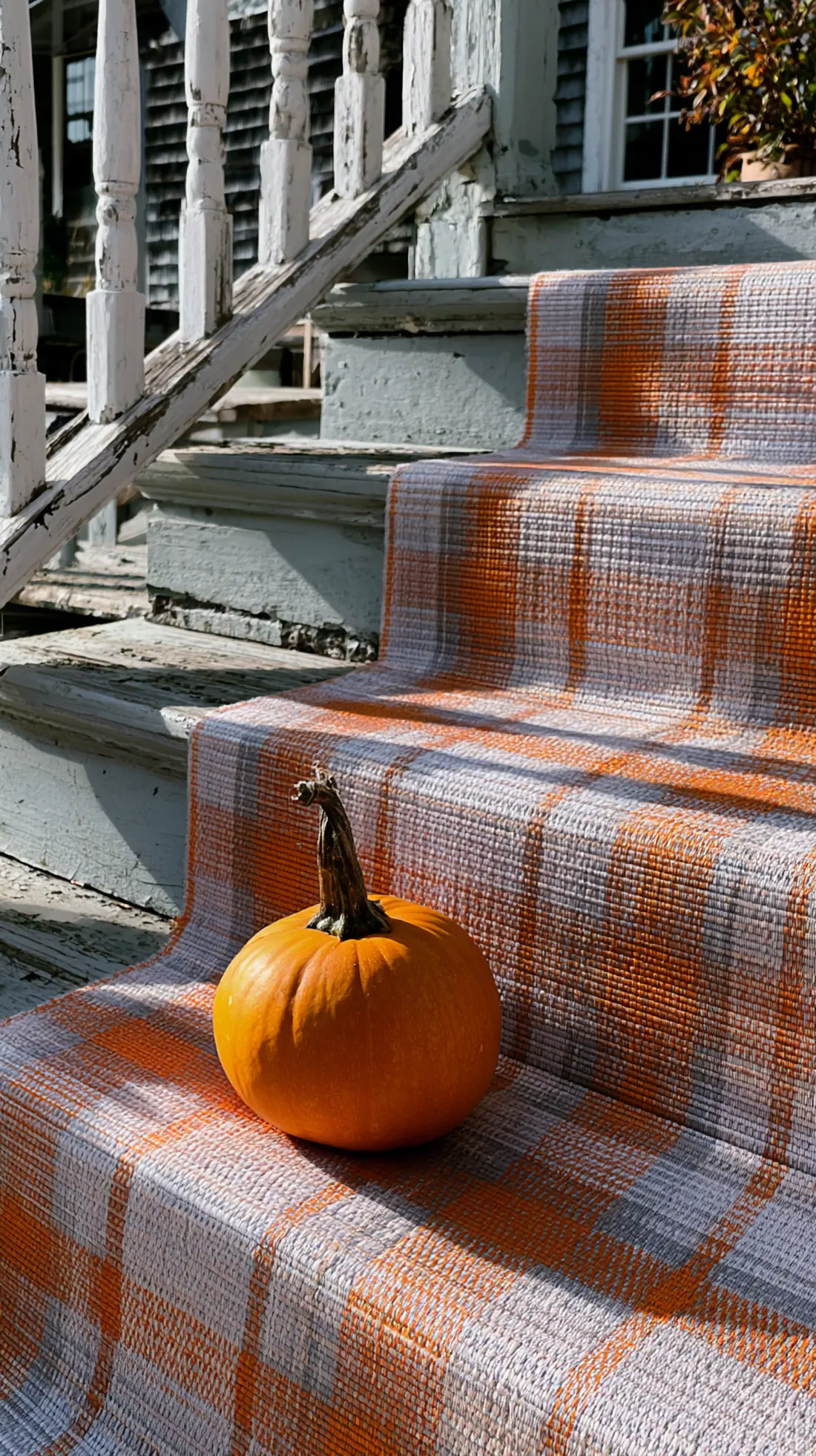Fall-patterned non-slip runners layered on painted wood porch stairs, photo 1 of 4