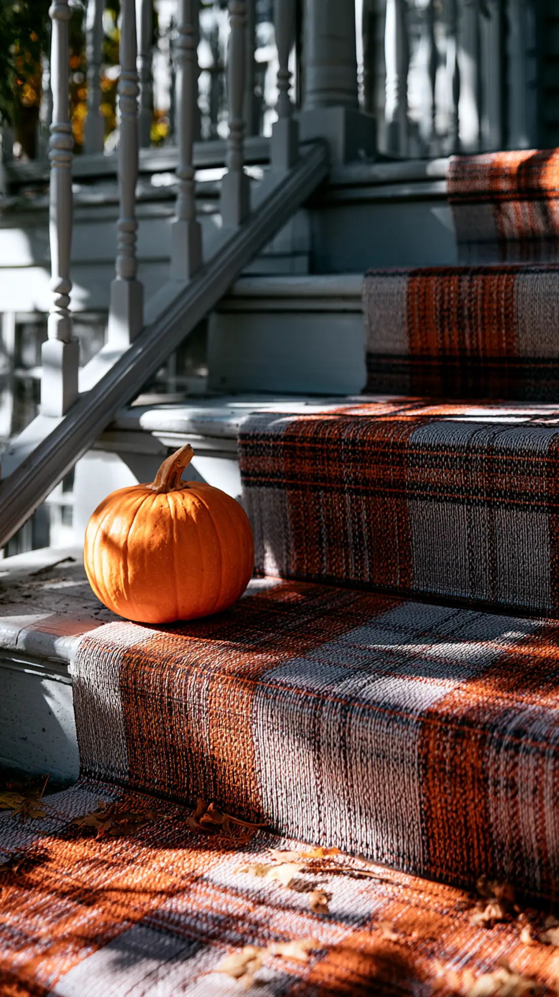 Fall-patterned non-slip runners layered on painted wood porch stairs, photo 2 of 4