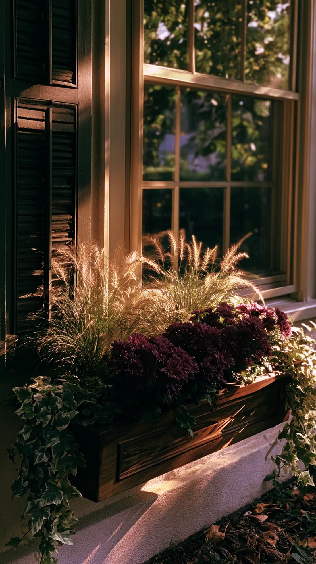 A window box planted with ornamental grasses and mums in fall colors, photo 1 of 4
