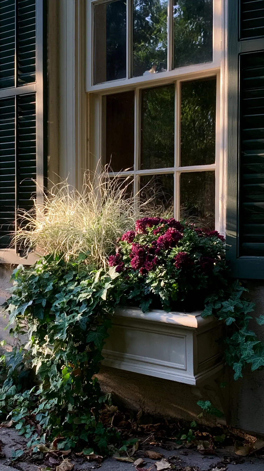 A window box planted with ornamental grasses and mums in fall colors, photo 4 of 4