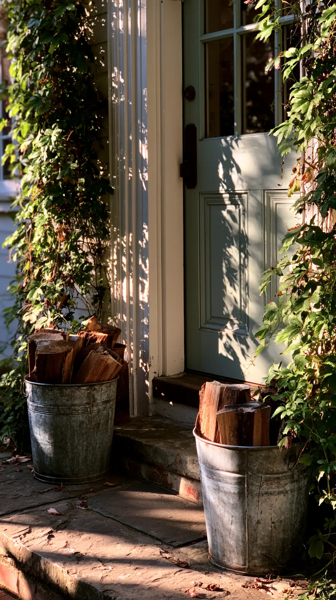Galvanized metal buckets filled with stacked firewood and bittersweet vine, photo 1 of 4