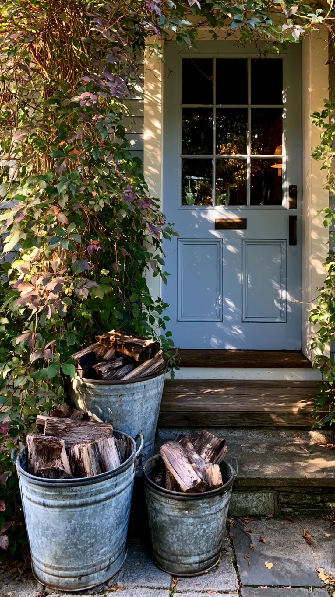 Galvanized metal buckets filled with stacked firewood and bittersweet vine, photo 2 of 4