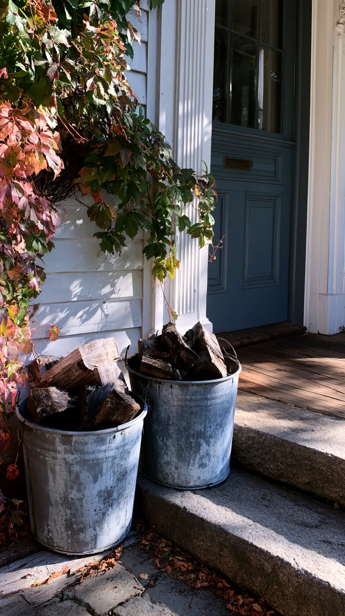 Galvanized metal buckets filled with stacked firewood and bittersweet vine, photo 3 of 4