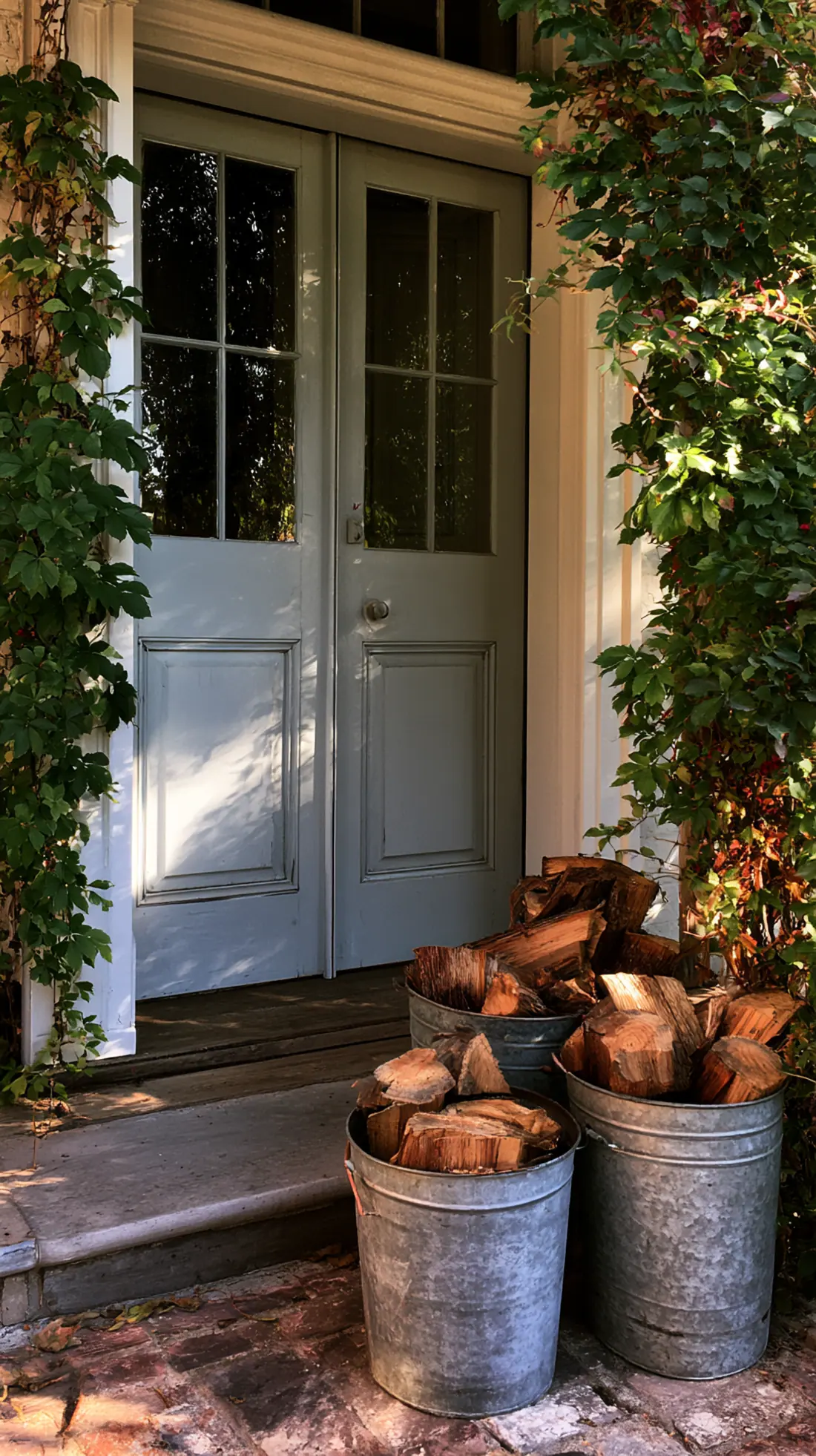 Galvanized metal buckets filled with stacked firewood and bittersweet vine, photo 4 of 4