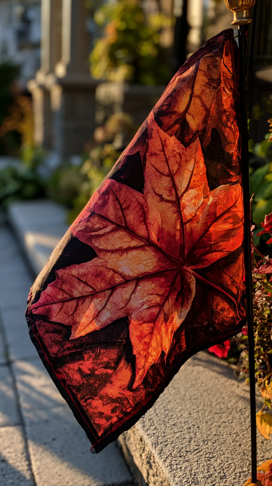 A fall-themed garden flag mounted on a steel ground spike near the front walk, photo 4 of 4