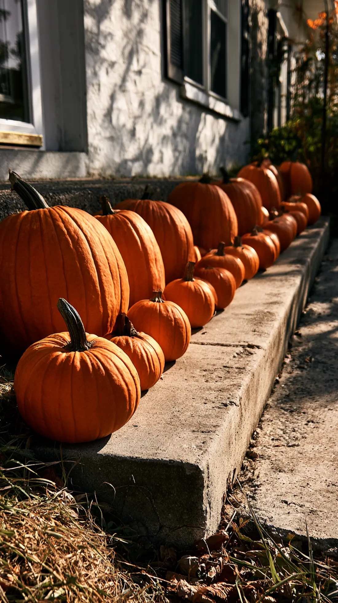 Pumpkins grouped by size on a concrete step, arranged largest to smallest, photo 1 of 4