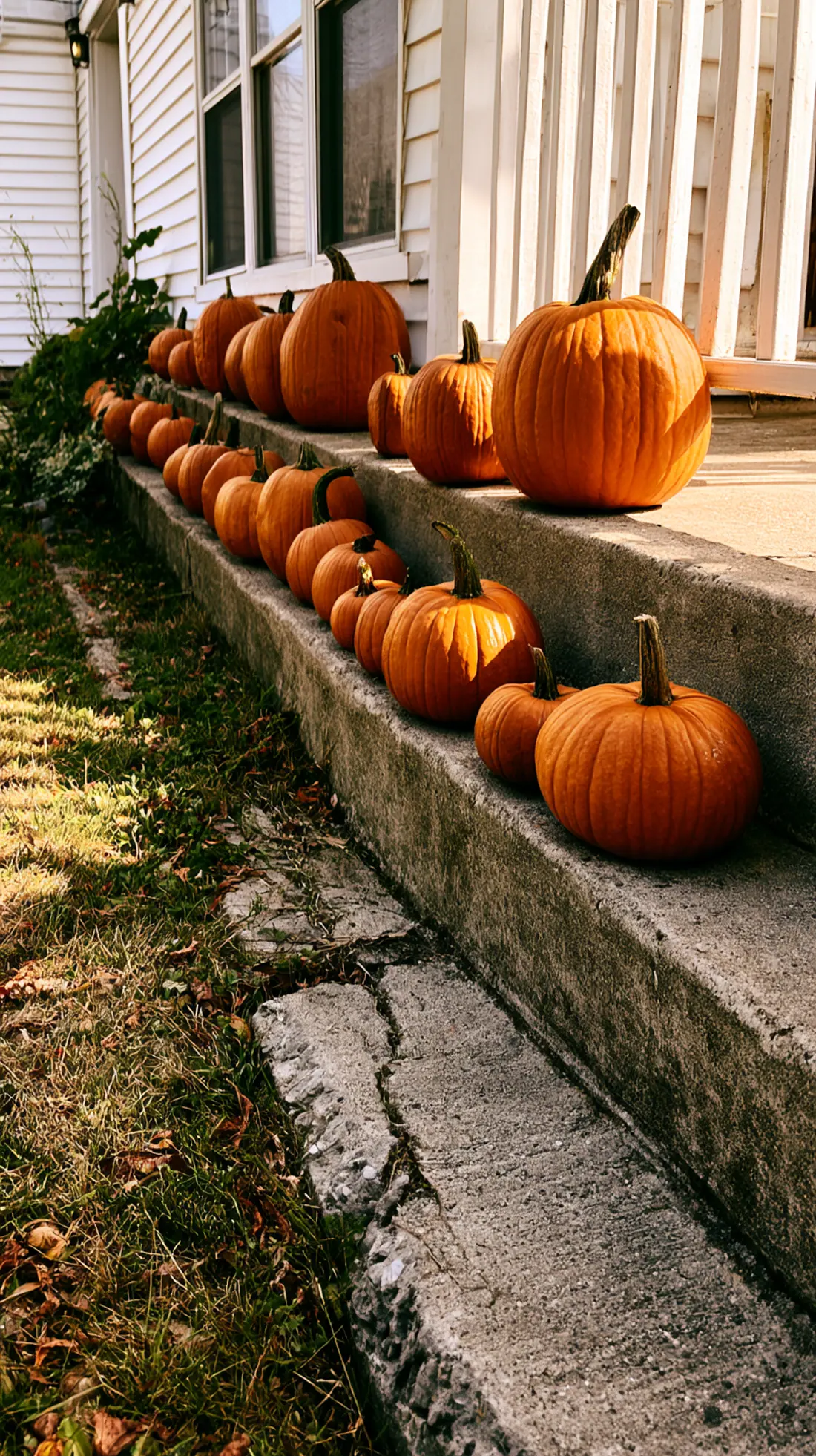 Pumpkins grouped by size on a concrete step, arranged largest to smallest, photo 2 of 4