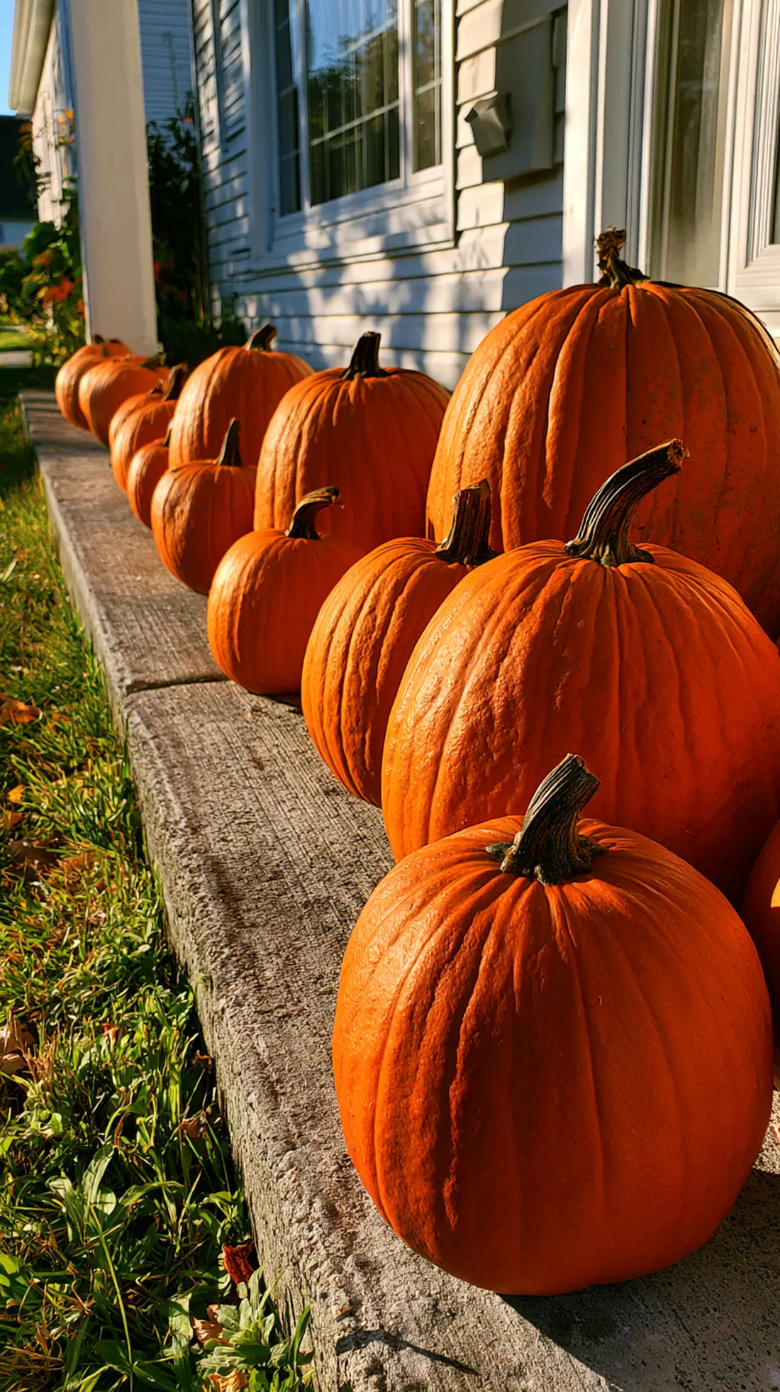 Pumpkins grouped by size on a concrete step, arranged largest to smallest, photo 3 of 4