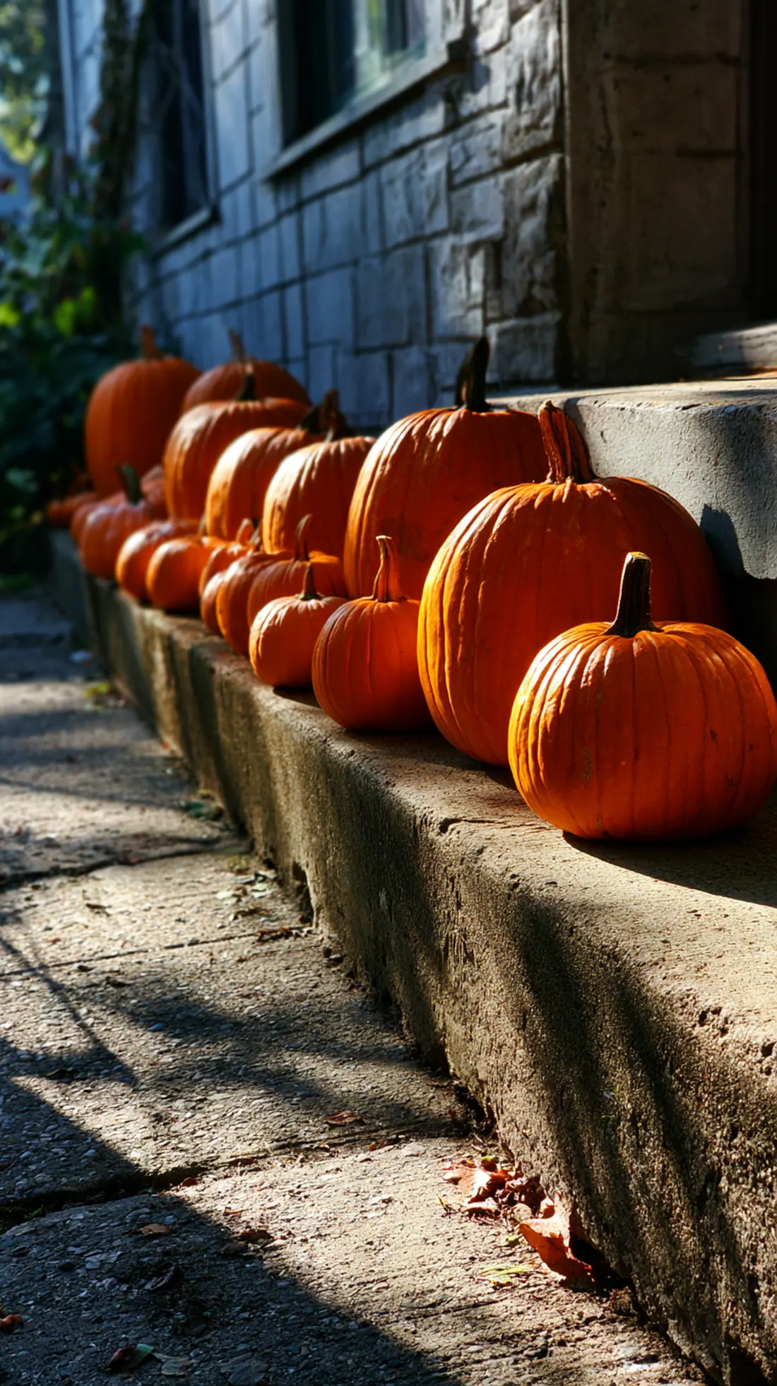 Pumpkins grouped by size on a concrete step, arranged largest to smallest, photo 4 of 4