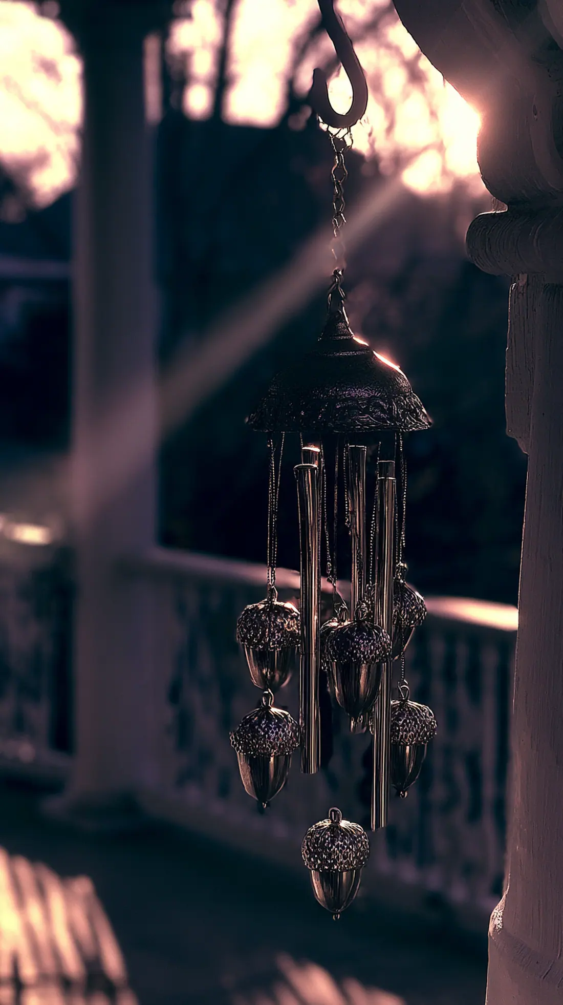 A metal wind chime with acorn details hung securely from a porch beam, photo 2 of 3