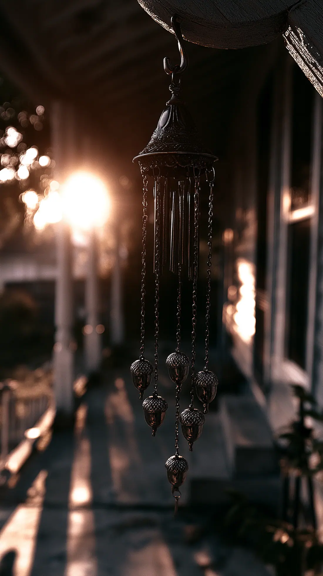 A metal wind chime with acorn details hung securely from a porch beam, photo 3 of 3