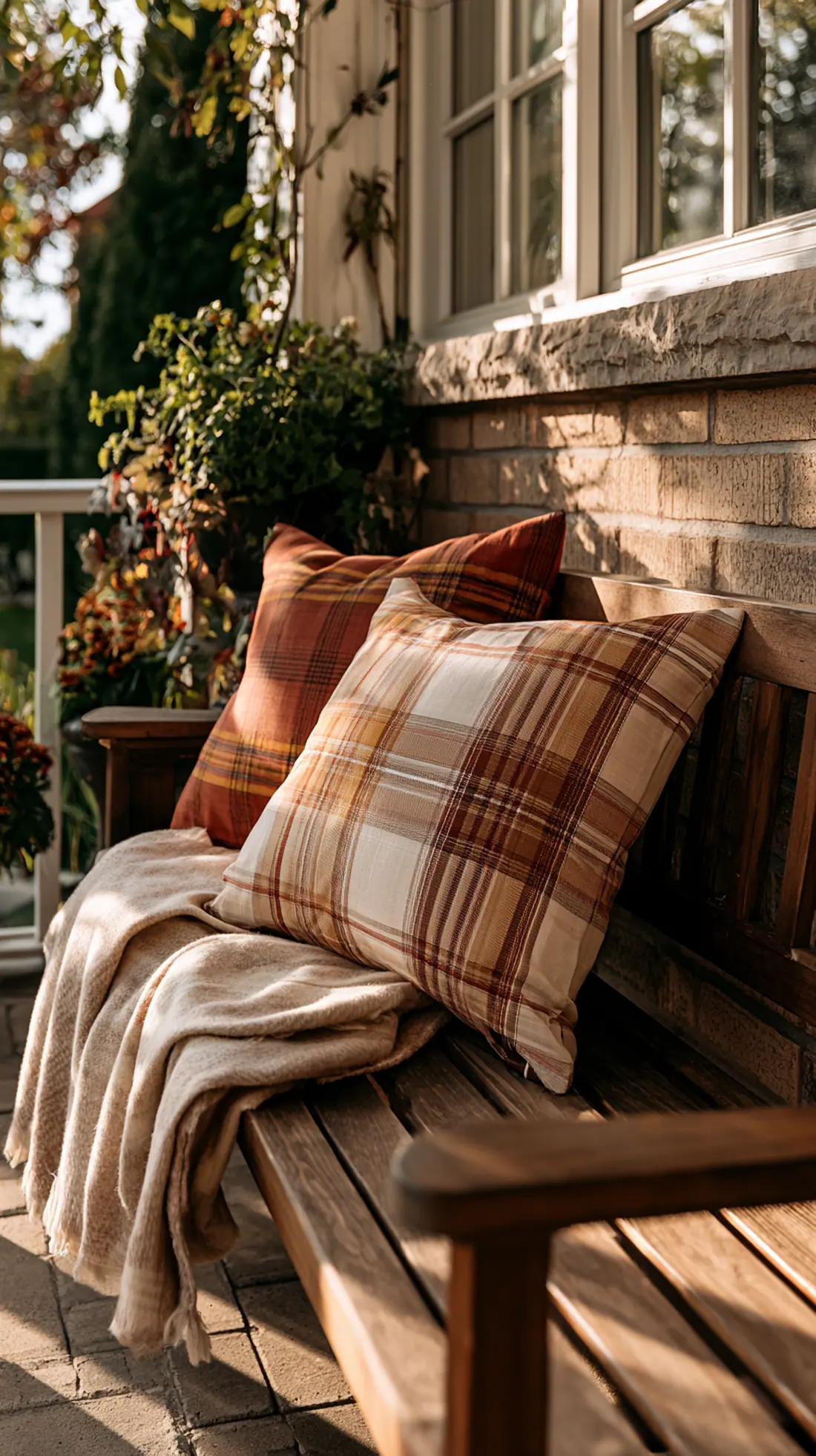A wooden porch bench styled with waterproof fall-colored throw pillows, photo 1 of 4