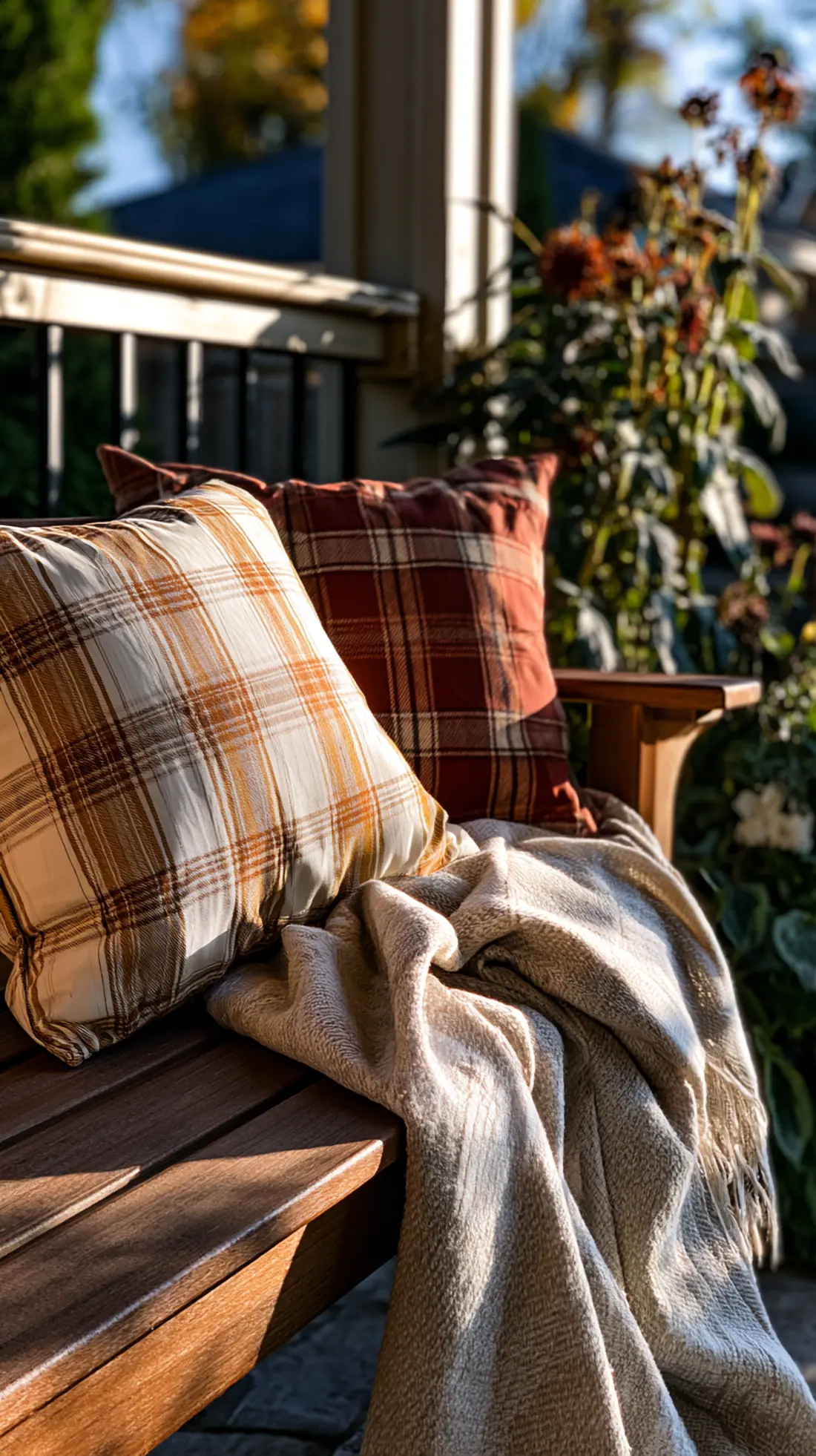 A wooden porch bench styled with waterproof fall-colored throw pillows, photo 3 of 4