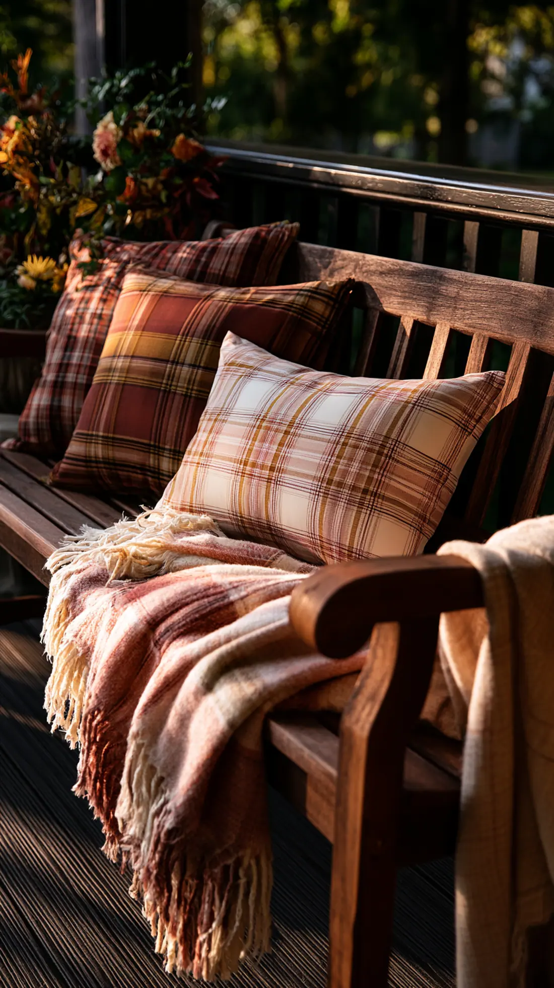 A wooden porch bench styled with waterproof fall-colored throw pillows, photo 4 of 4
