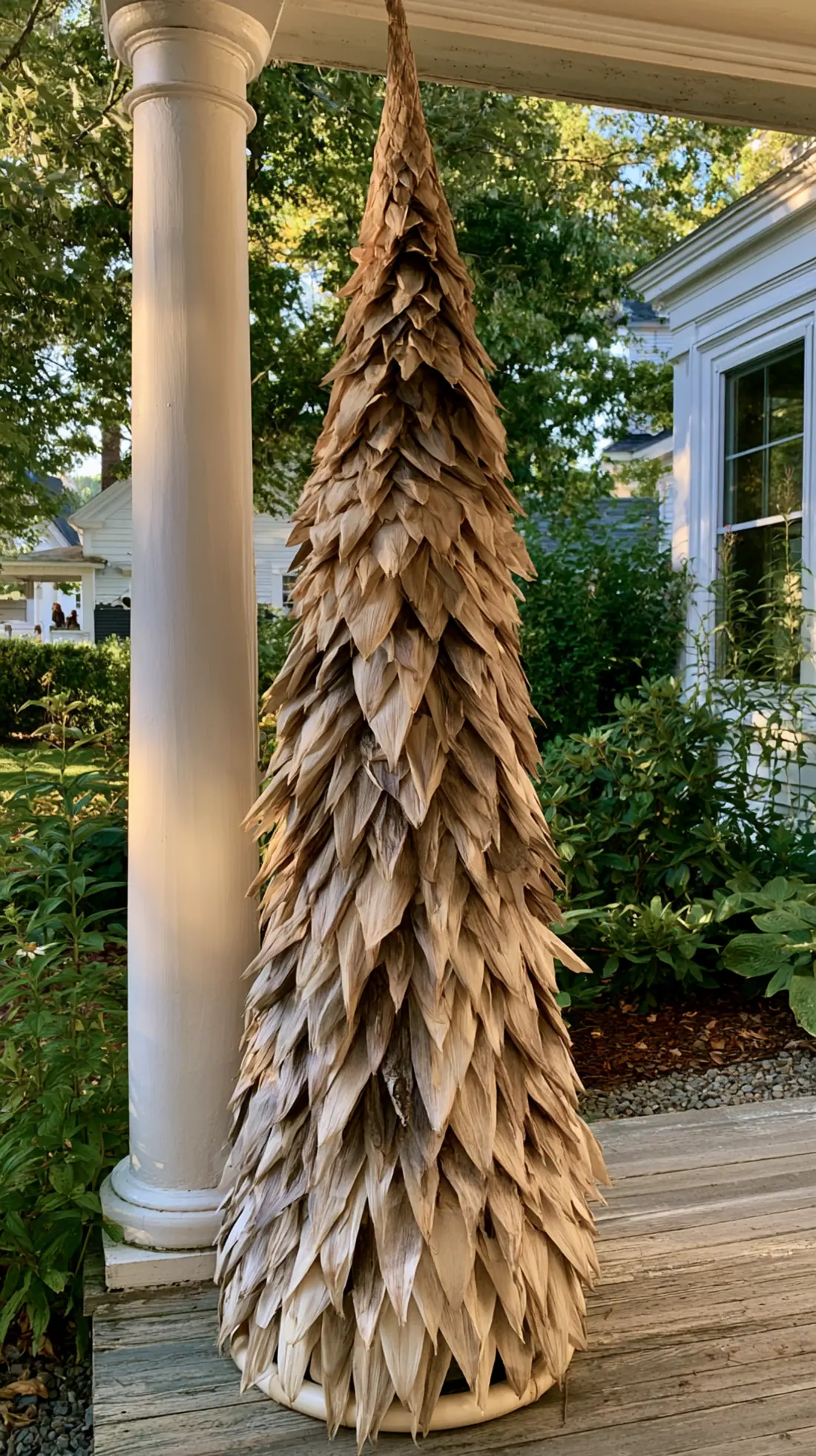 A cone-shaped corn husk topiary built around a hidden PVC frame, photo 2 of 4