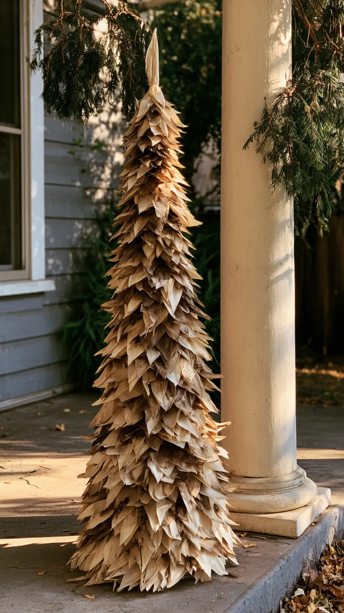 A cone-shaped corn husk topiary built around a hidden PVC frame, photo 3 of 4