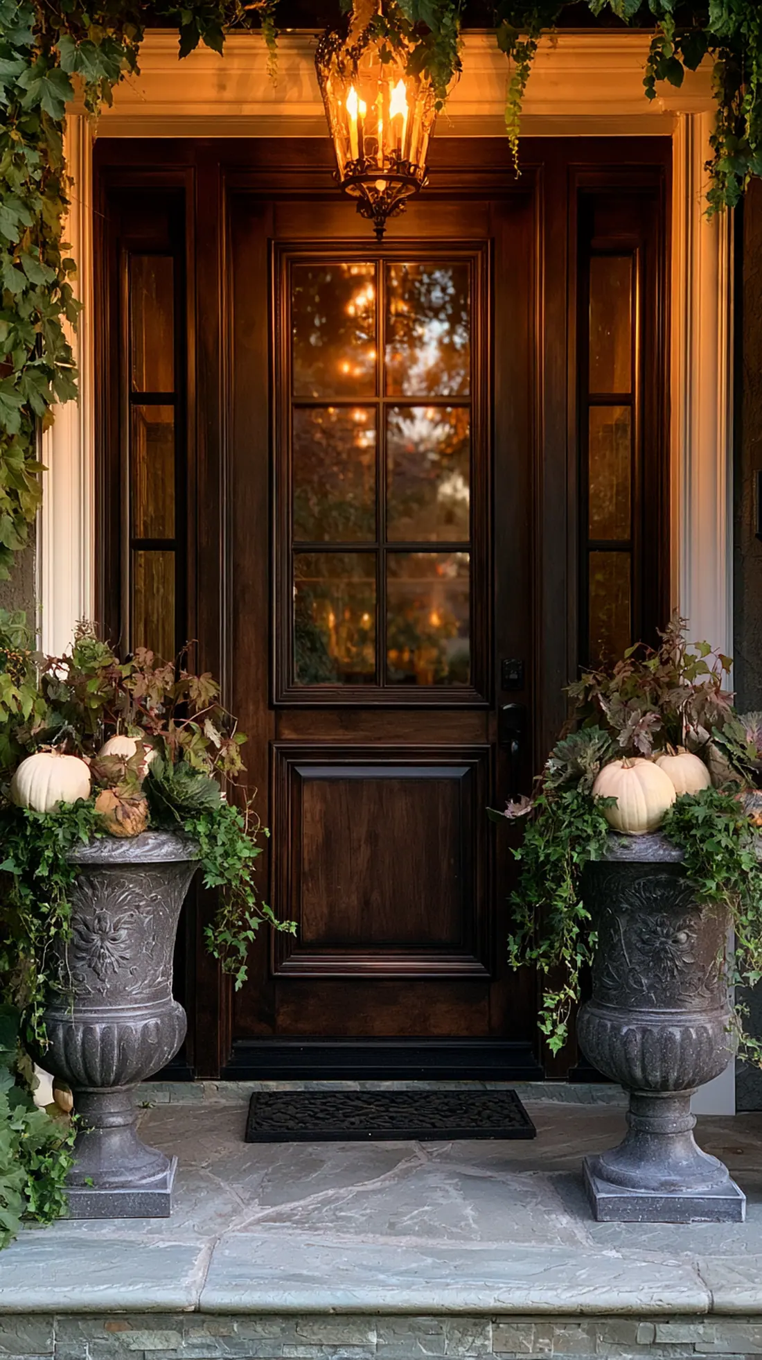 Matching weatherproof urns filled with pumpkins flanking the front door, photo 2 of 2