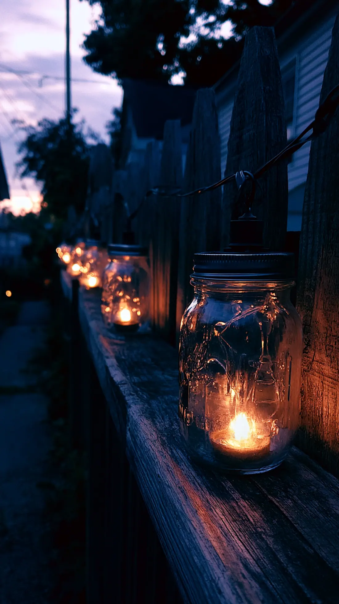 Battery-powered lanterns inside glass jars lining a backyard fence, photo 1 of 4