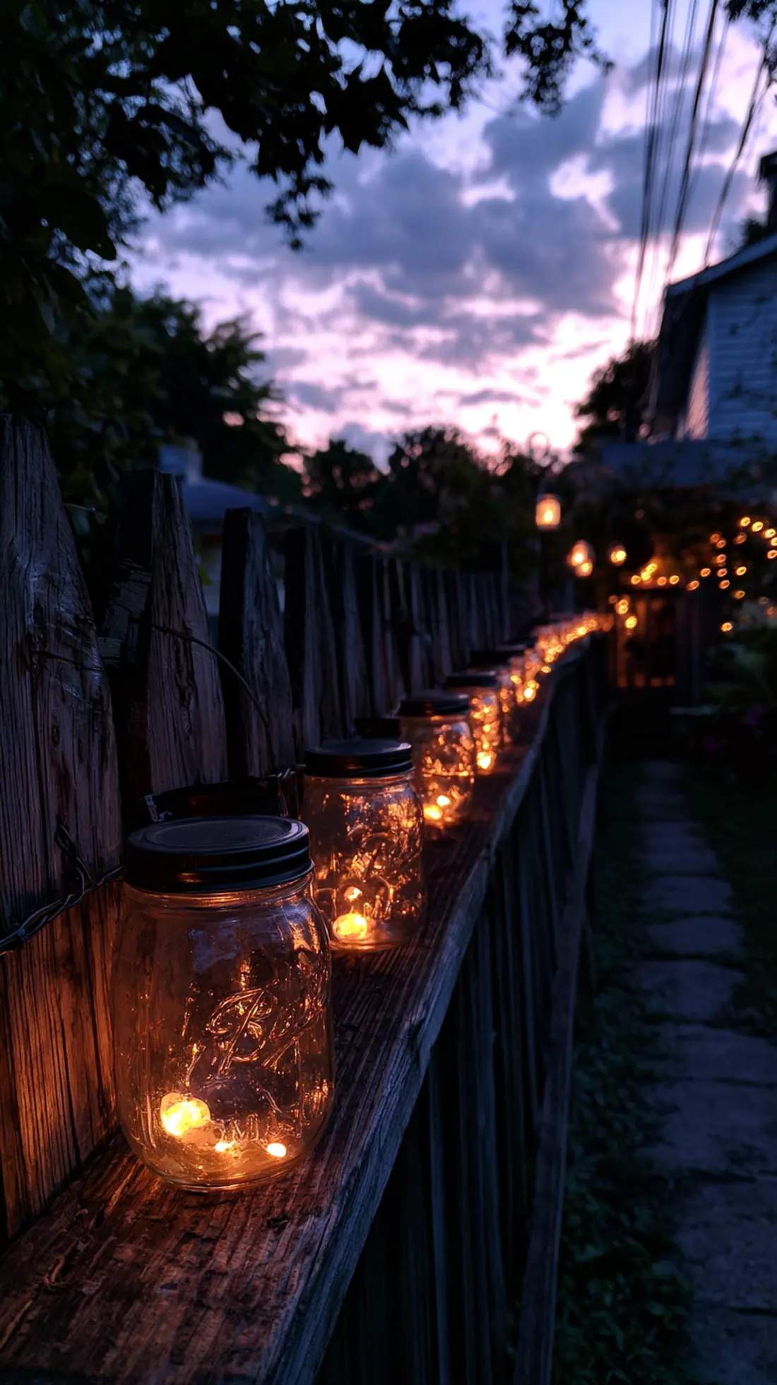 Battery-powered lanterns inside glass jars lining a backyard fence, photo 2 of 4