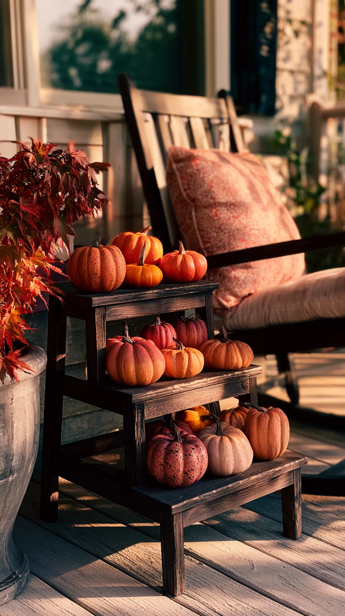 A tiered wooden stand displaying painted mini pumpkins on a front porch, photo 1 of 4