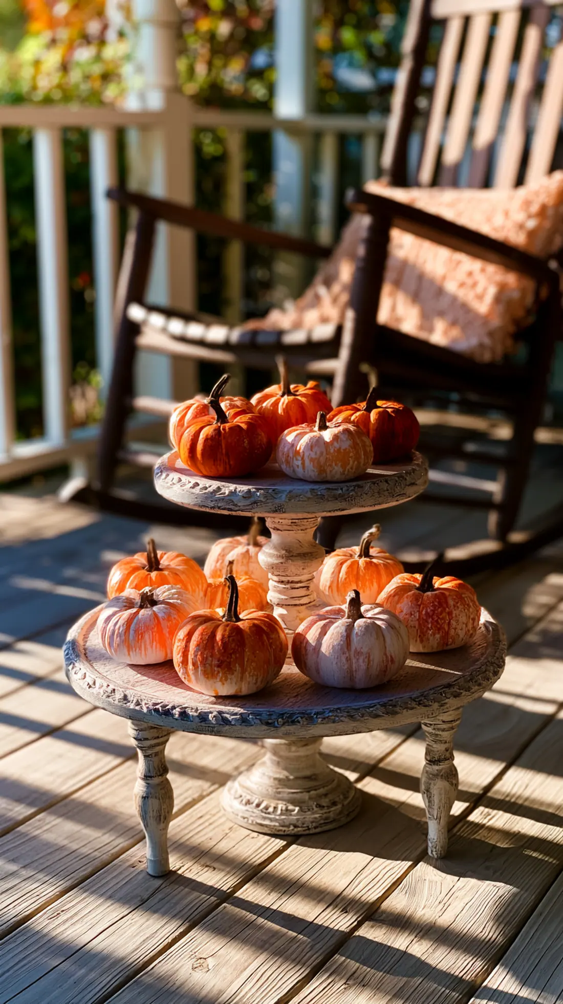 A tiered wooden stand displaying painted mini pumpkins on a front porch, photo 2 of 4