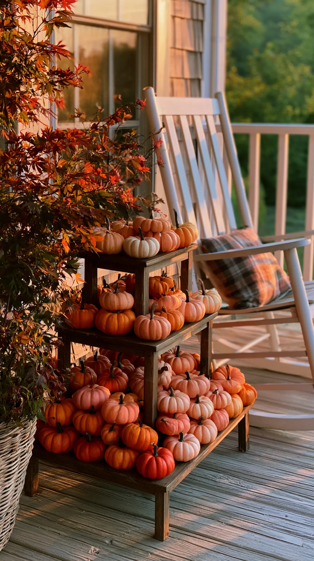 A tiered wooden stand displaying painted mini pumpkins on a front porch, photo 3 of 4