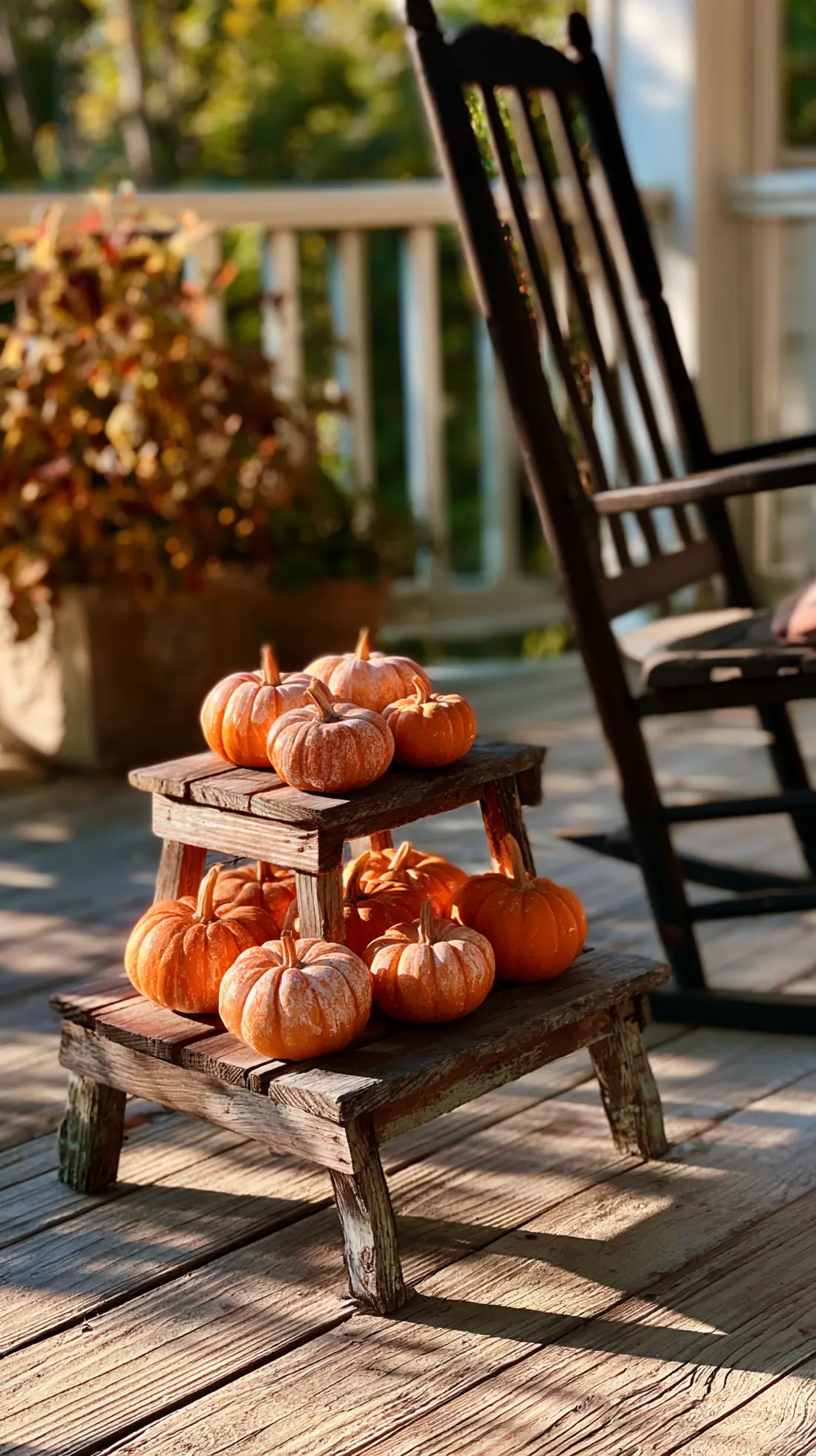 A tiered wooden stand displaying painted mini pumpkins on a front porch, photo 4 of 4